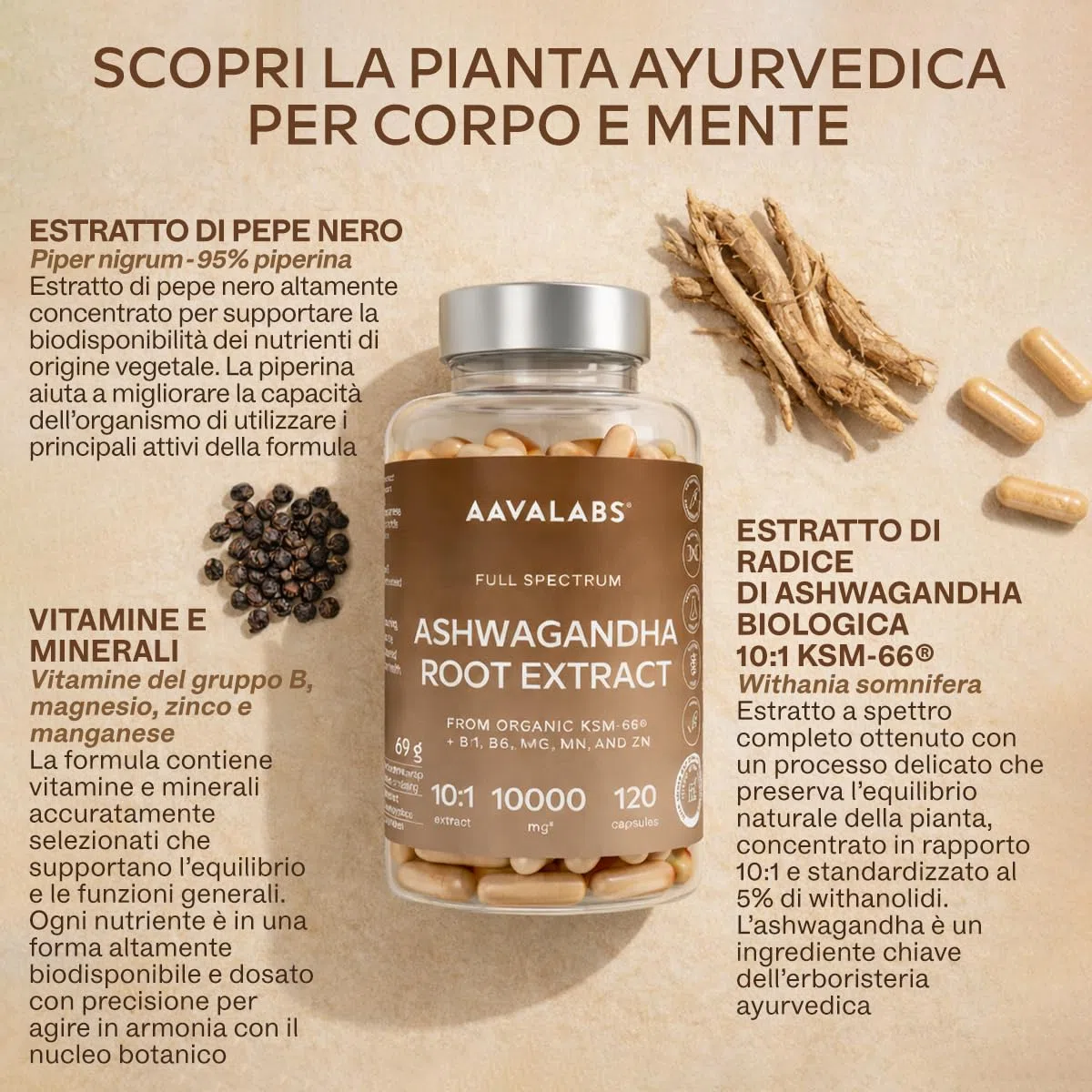 Ashwagandha KSM-66 10000mg Alto Dosaggio (Estratto di Ashwagandha Bio 10:1) Vitamina B6 B1 Zinco Magnesio Manganese, Vegan Ashwaganda Withania Somnifera Ginseng Indiano 5% Withanolidi - 120 Capsule