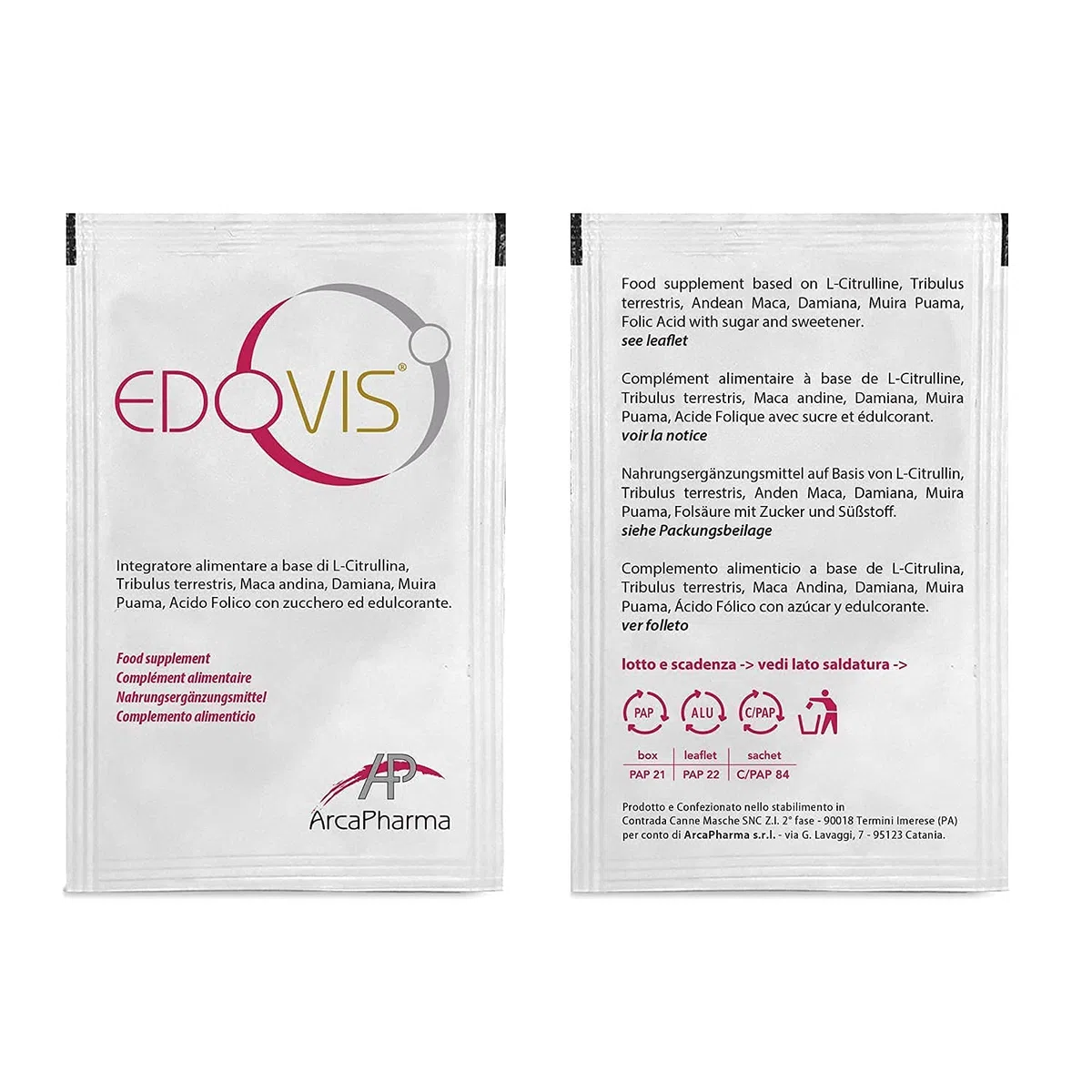 EDOVIS. Per il miglioramento delle prestazioni. Con una sola bustina al giorno. 100% Naturale. L Citrullina, Tribulus, Maca. 20 Bustine.
