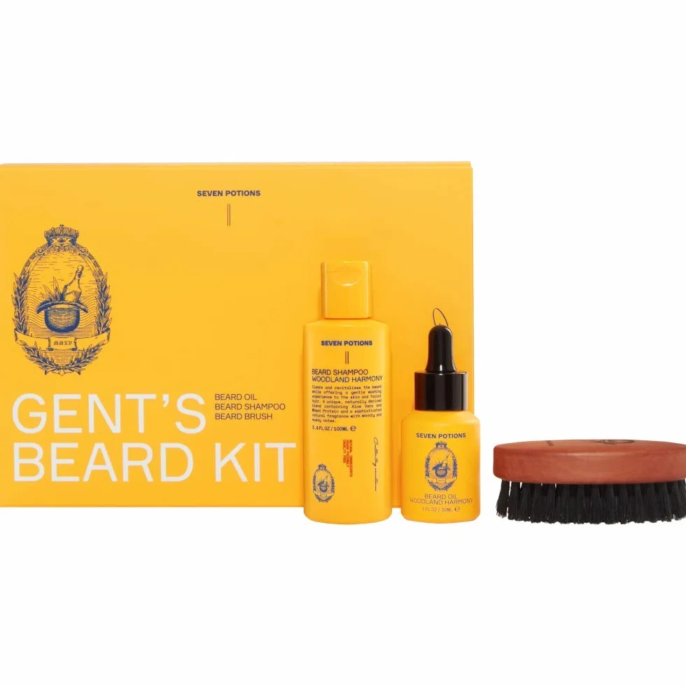Seven Potions Kit Barba Uomo - Con Olio da Barba, Shampoo da Barba e Spazzola da Barba - Il Kit Barba Definitivo - Una Fantastica Idea Regalo da Uomo per la Cura della Barba - Woodland Harmony