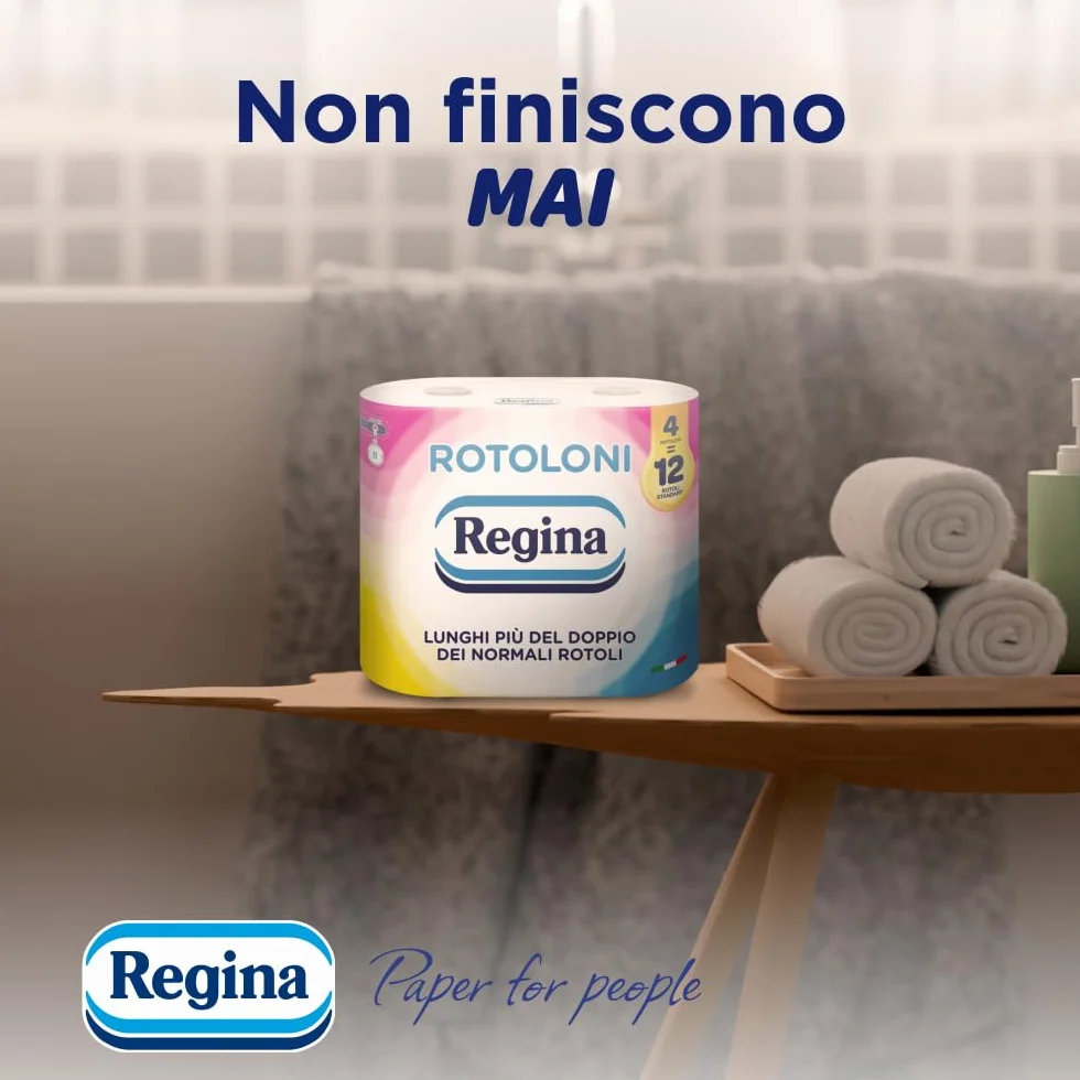 Rotoloni Regina - 84 Maxi Rotoli di Carta Igienica, 500 Fogli a 2 Veli, Lunghi Più del Doppio dei Normali Rotoli, Confezione 50% in Plastica Riciclata, Carta 100% Certificata FSC