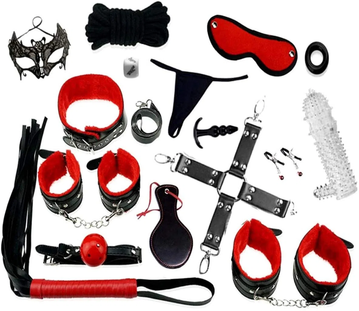 Set bondage 18 pezzi, perfetto per i principianti e gli esperti, manette e maschera per gli occhi, sex toy per le coppie, amanti del sesso, Set schiavitù, nero e rosso