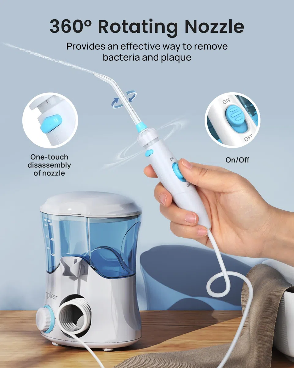 Apiker Idropulsore Dentale Professionale 600ml Irrigatore Dentale con 10 Impostazioni per Pressione dell’Acqua e 8 Beccucci Multifunzione Water Flosser IPX7 Cura Famiglia e Viaggi, Bianco
