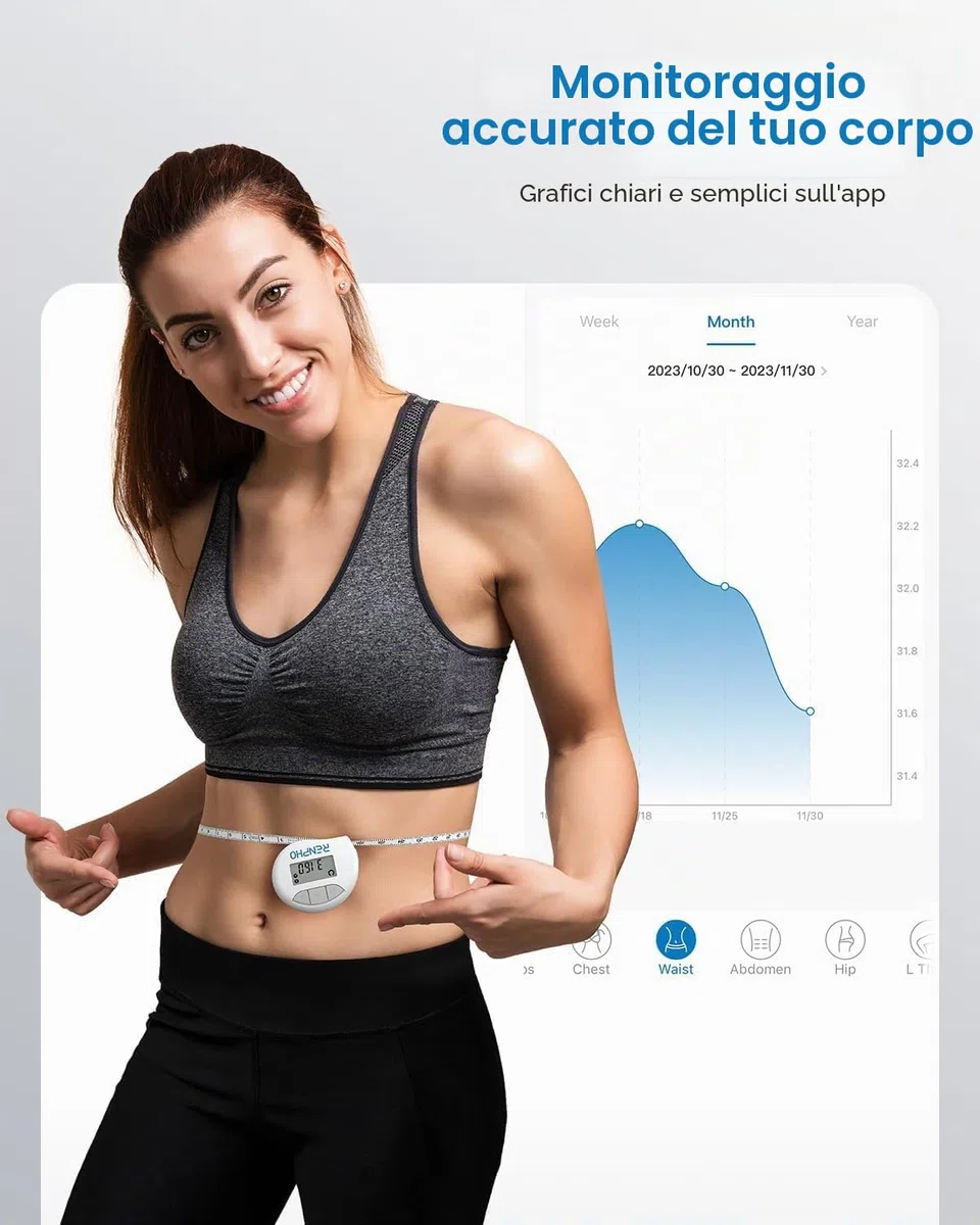 RENPHO Metro a Nastro Smart per Misurazione del Corpo con App Tramite Bluetooth, per Misurare Varie Circonferenze del Corpo, Aumento Muscolare, Risultati di Fitness e Bodybuilding, in Pollici e CM