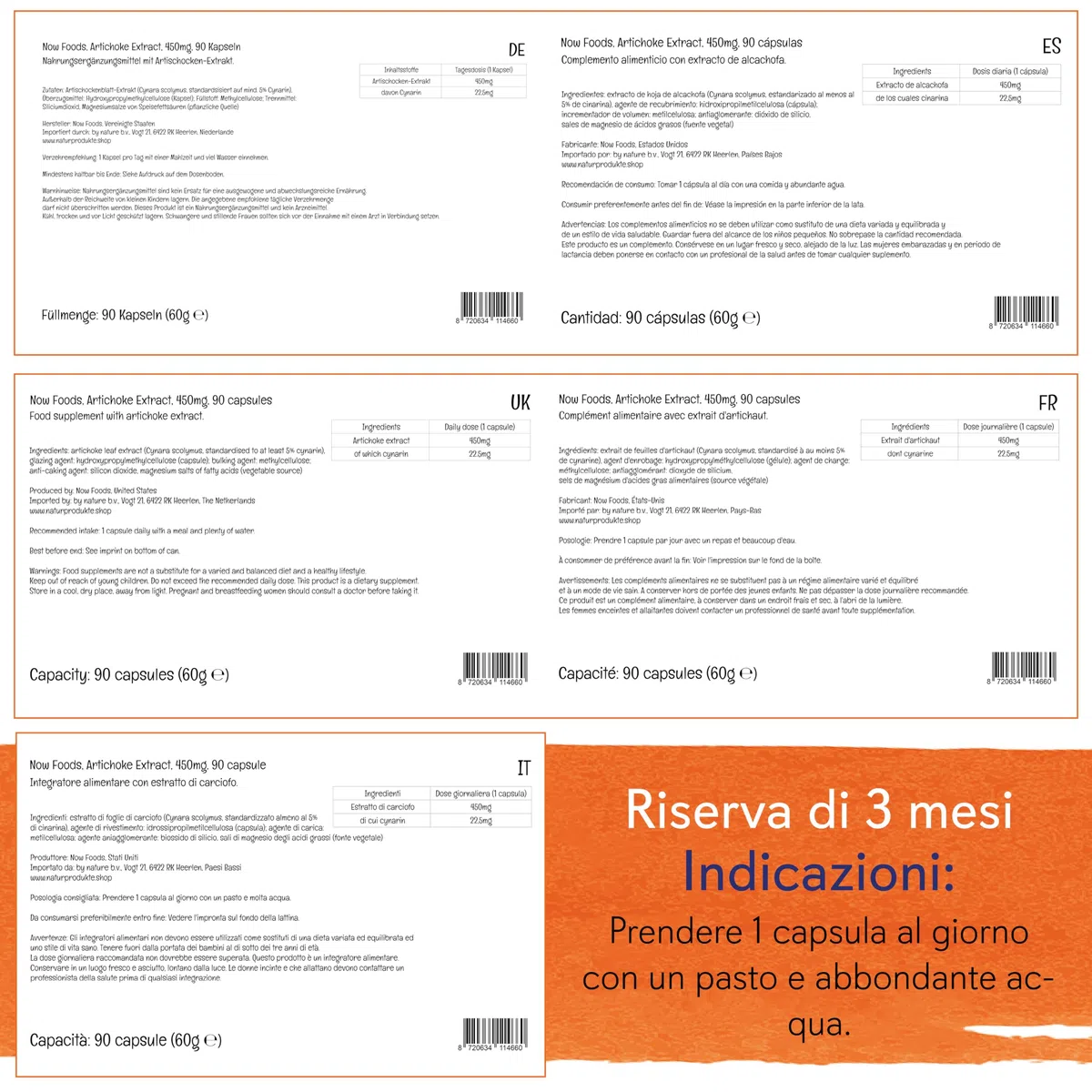 Now Foods, Artichoke Extract (Estratto di Carciofo), 450mg, Standardizzato in Cinarina, 90 Capsule vegane, Testato in Laboratorio, Senza Soia, Senza Glutine, Vegetariano, non OGM