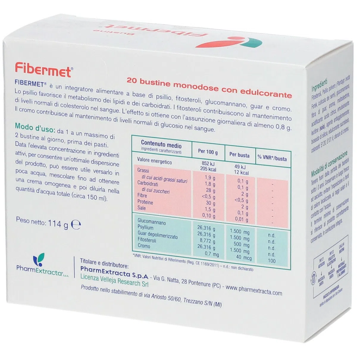 Fibermet 20 bustine monodose da 5,7 grammi con edulcorante