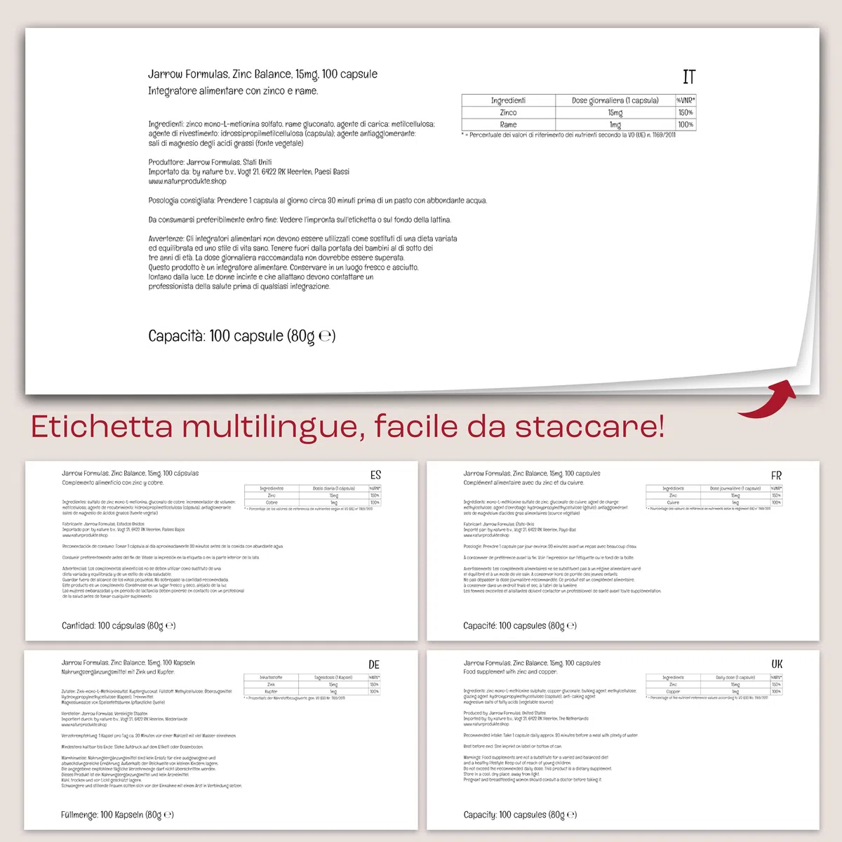 Jarrow Formulas, Zinc Balance, Zinco 15mg e Rame 1mg, 100 Capsule vegane, Testato in Laboratorio, Senza Glutine, Vegetariano, Senza Soia, Senza OGM
