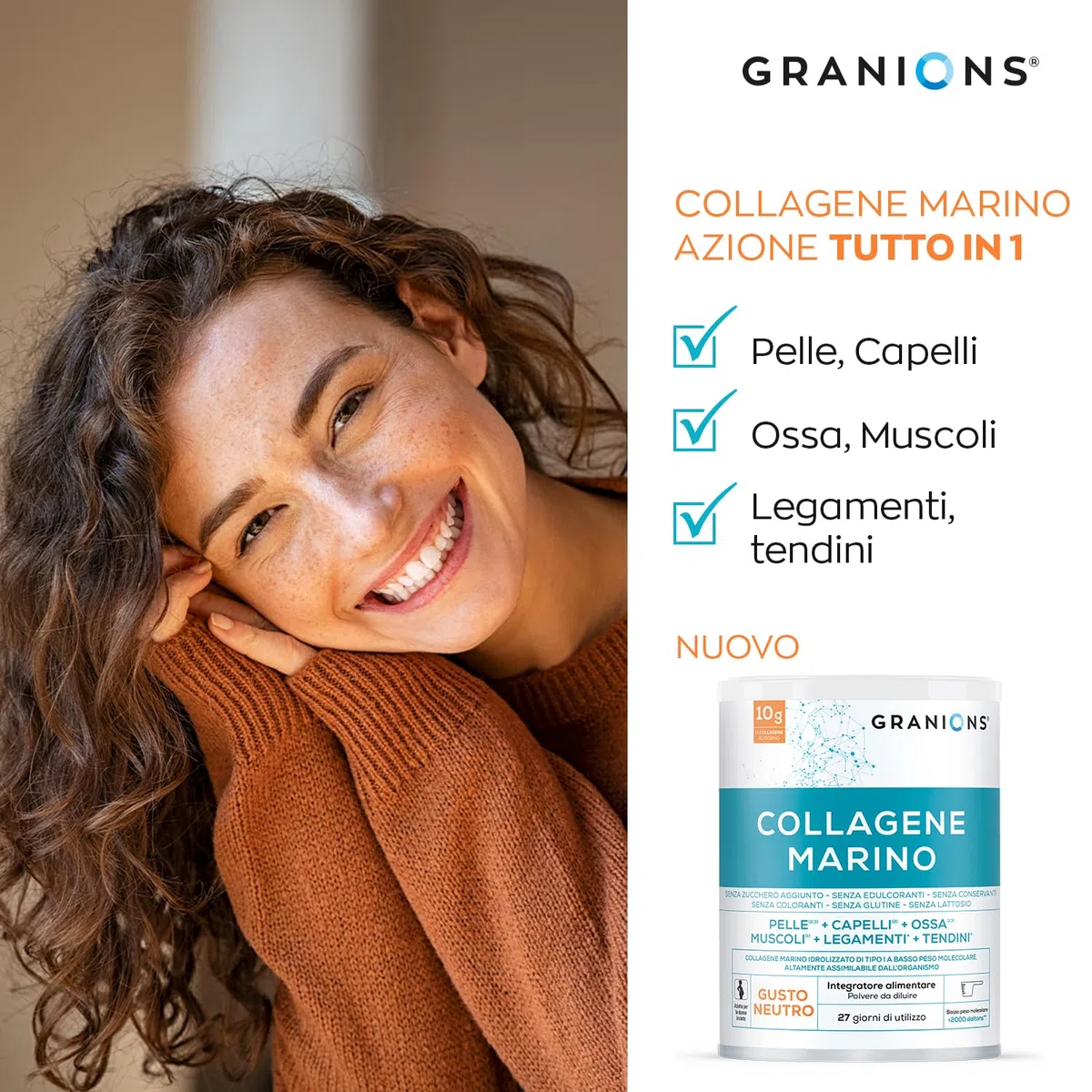 GRANIONS Collagene Marino Idrolizzato Tipo I in Polvere | 10 g al Giorno | Vitamina C Naturale da Acerola | Pelle, Capelli, Ossa, Muscoli | Gusto Neutro | 278 g | 27 Giorni