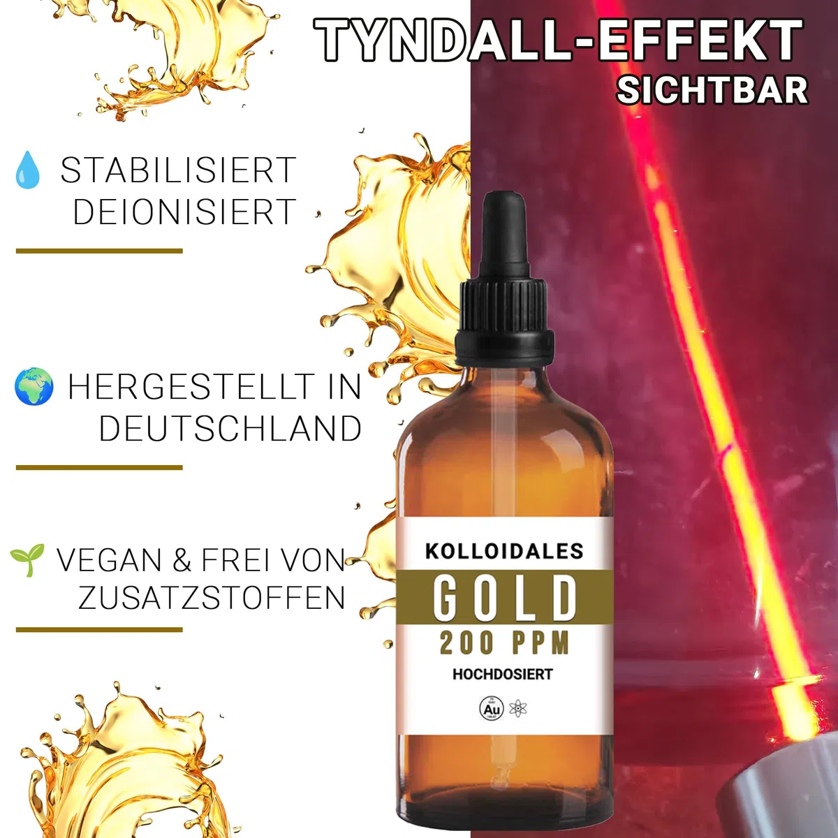Oro colloidale 200 ppm (100 ml) – Dispersione Premium in vetro marrone farmaceutico con pipetta di precisione – Tecnologia di particelle fini, materiali certificati – Manna Colloidal Gold