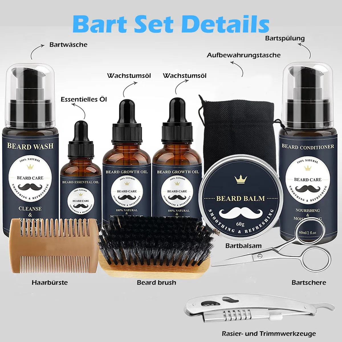Joric Set per la cura della barba da uomo, con shampoo, olio per barba, balsamo per barba, balsamo per barba, set con spazzola, pettine, forbici
