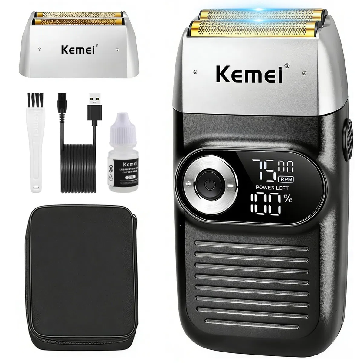 KEMEI Rasoio da Barba per Uomo, Rasoio Elettrico Ricaricabile con Regolabarba, Rasoi Cordless in Lamina di Titanio al Litio con Custodia da Viaggio