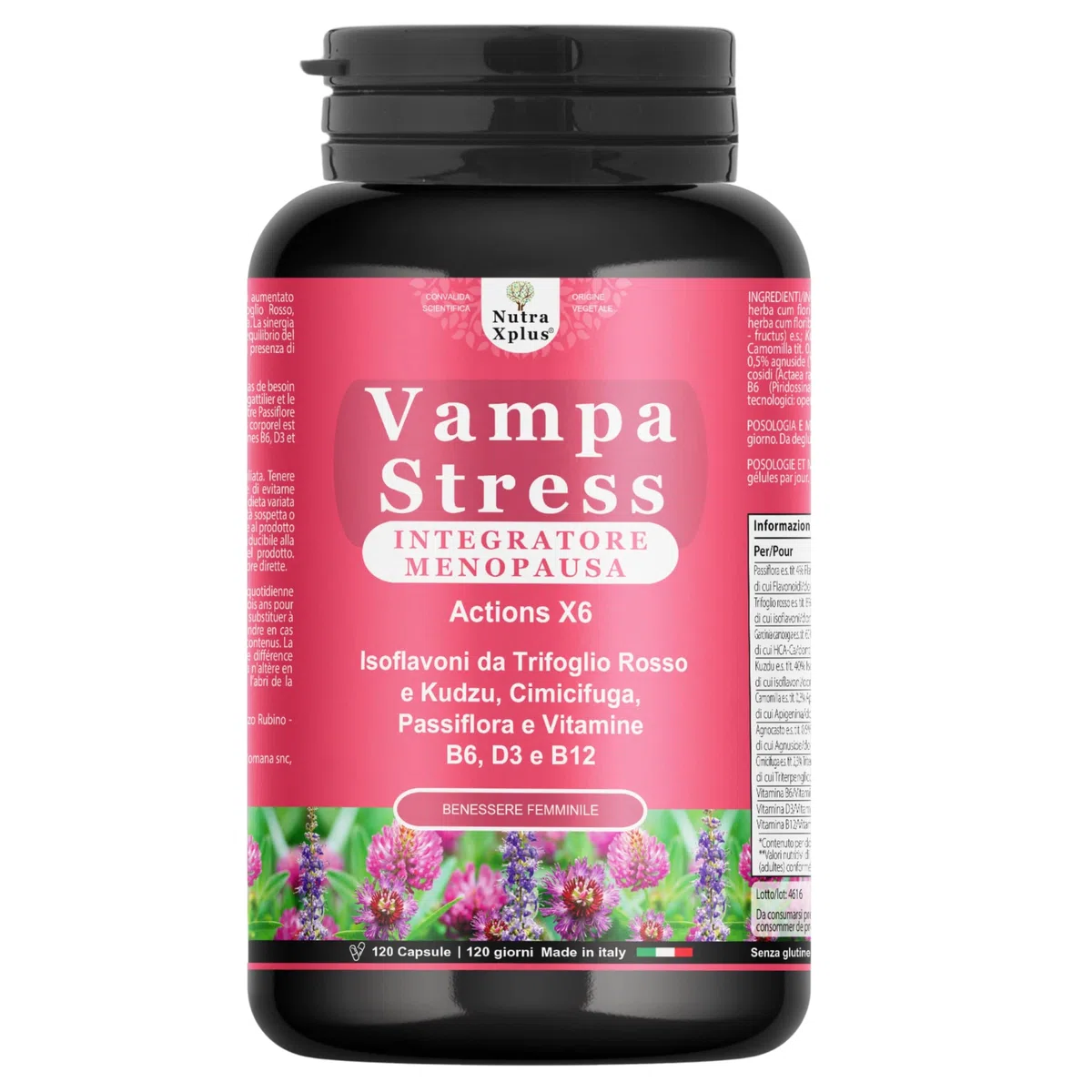 Vampa Stress Menopausa Integratori (120cps 4MESI) con Isoflavoni Trifoglio Rosso forte, Cimicifuga Kudzu, Vitamina D3, B6, B12 controlla Vampate di Calore, Sbalzi d’Umore, Nutra Xplus
