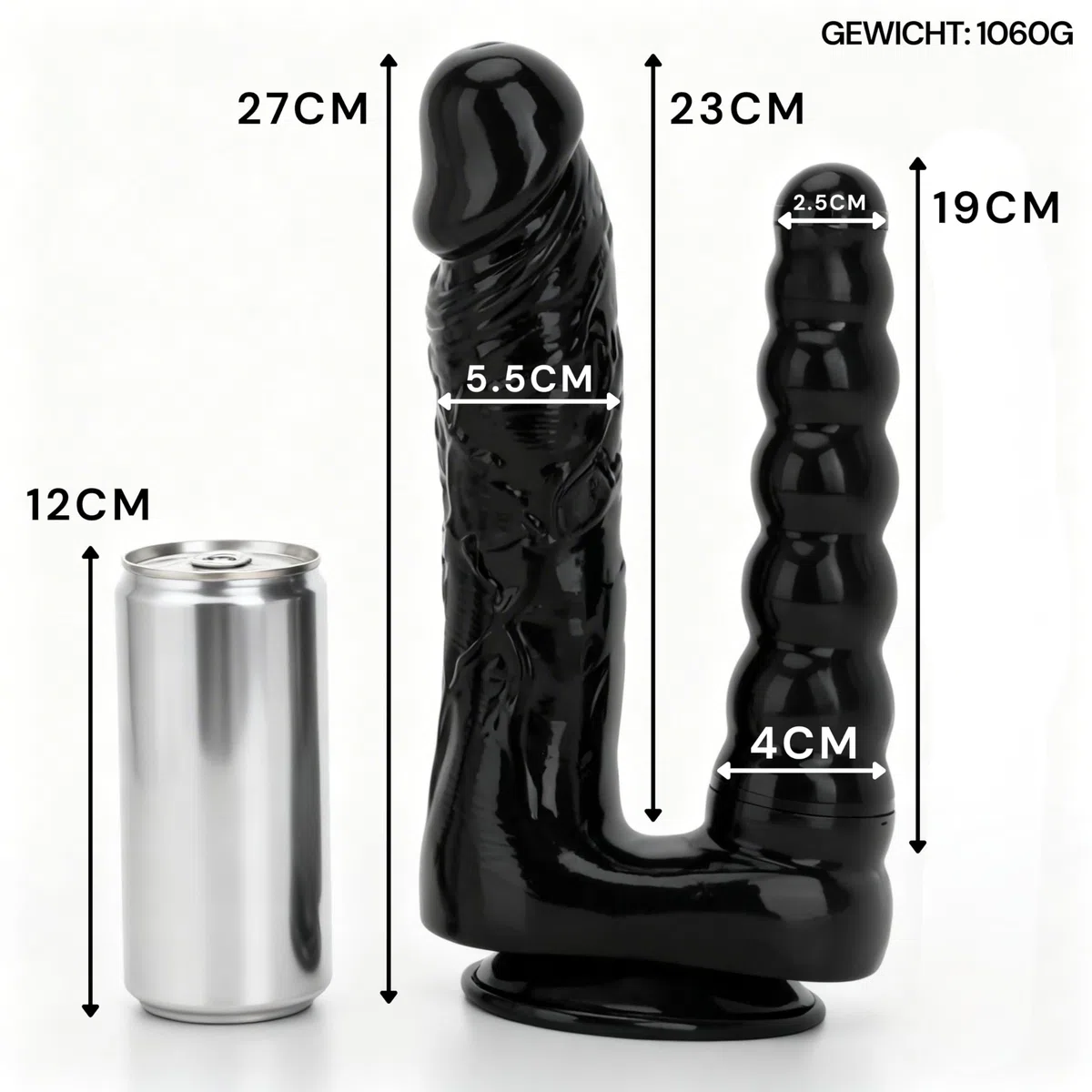 Dildo Gigante Donna – Doppio Dildo Nero XXL con Ventosa 27 cm Ø 5,3 cm a Sfere 1060 g Flessibile & Delicato sulla Pelle FOPS D63