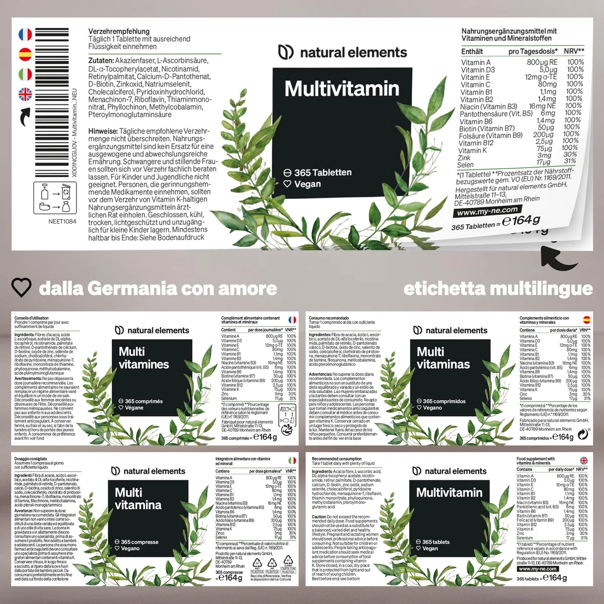 Multivitaminico – 365 compresse vegane – scorta annuale – preziose vitamine A-Z, vitamina K1 e K2 – senza additivi inutili – prodotto e testato in laboratorio in Germania