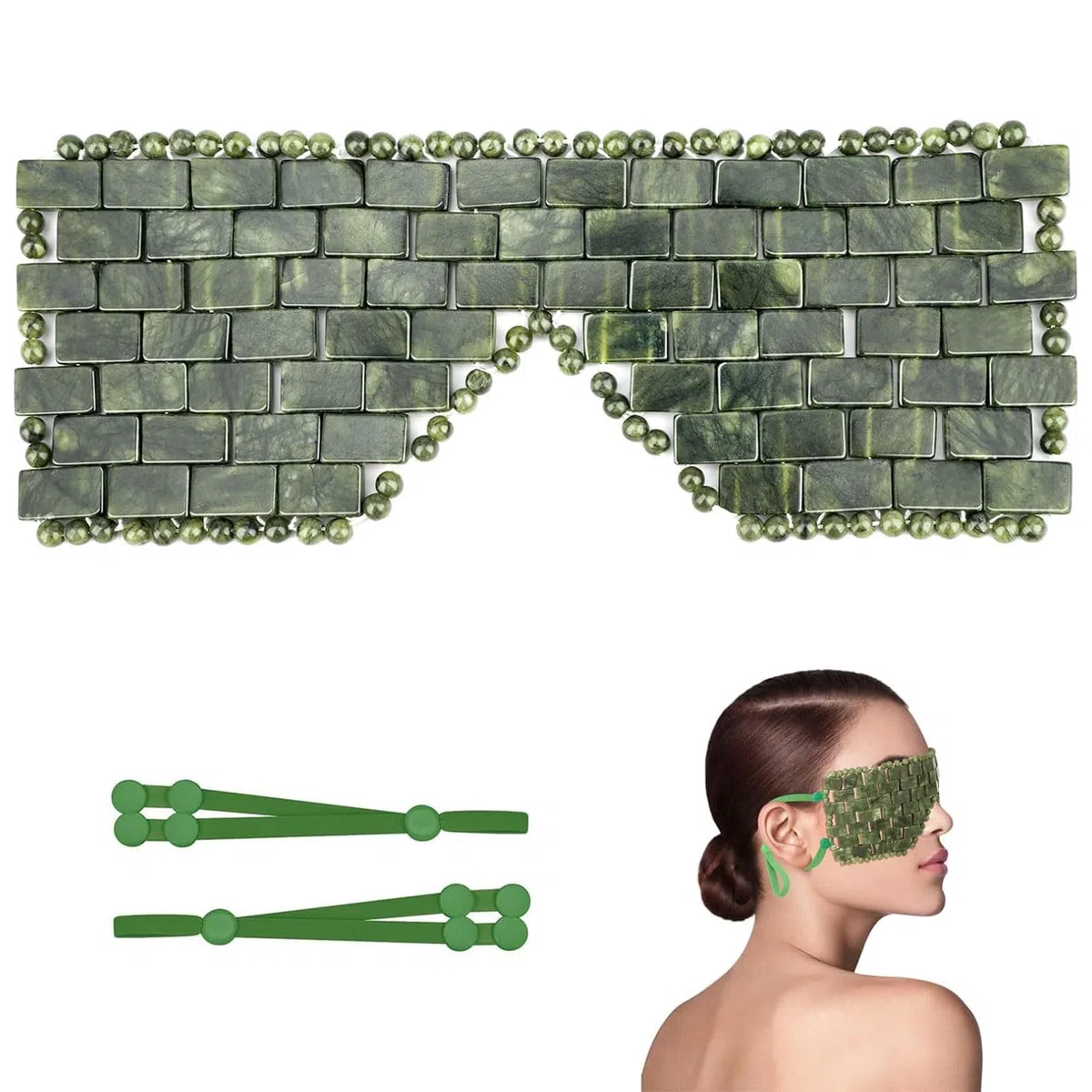 gemshan Maschera per occhi in giada con cinturino regolabile per le orecchie, 100% vera gemma naturale, maschera facciale riutilizzabile in giada per alleviare il gonfiore, impacco caldo freddo per