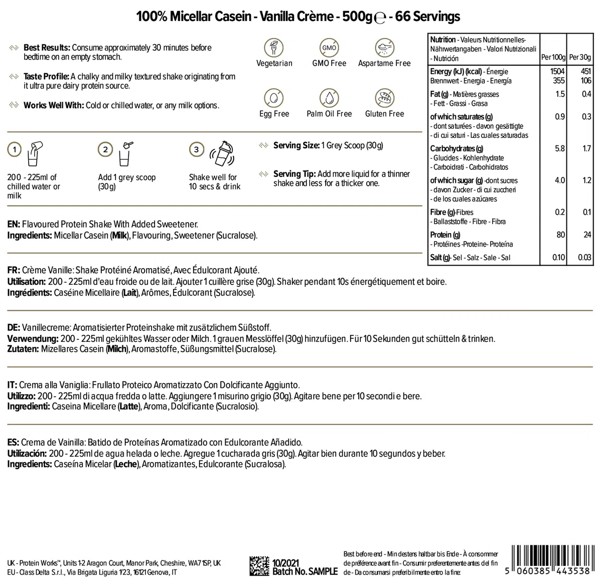 Caseina Micellare 100% Proteine In Polvere THE PROTEIN WORKS | Frullato Proteico A Rilascio Lento | Aminoacidi | Supporta Il Recupero | Crema alla Vaniglia | 500g
