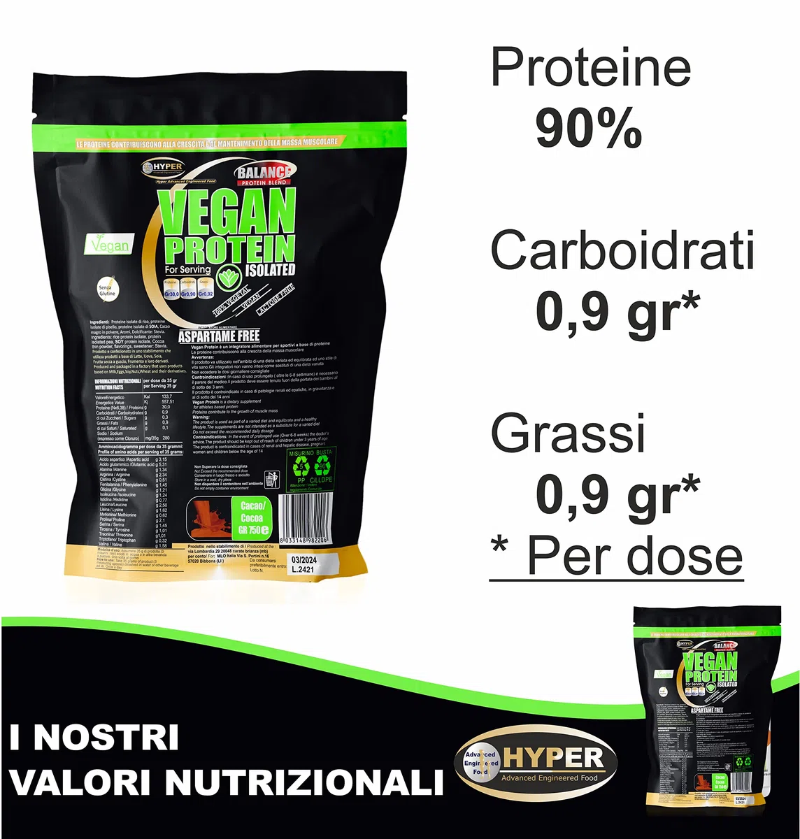 Hyper Vegan Protein Proteine Vegane da Fonti Vegetali (Proteine Isolate Soia Riso Pisello) Rilascio Graduale (gr 750 cacao)