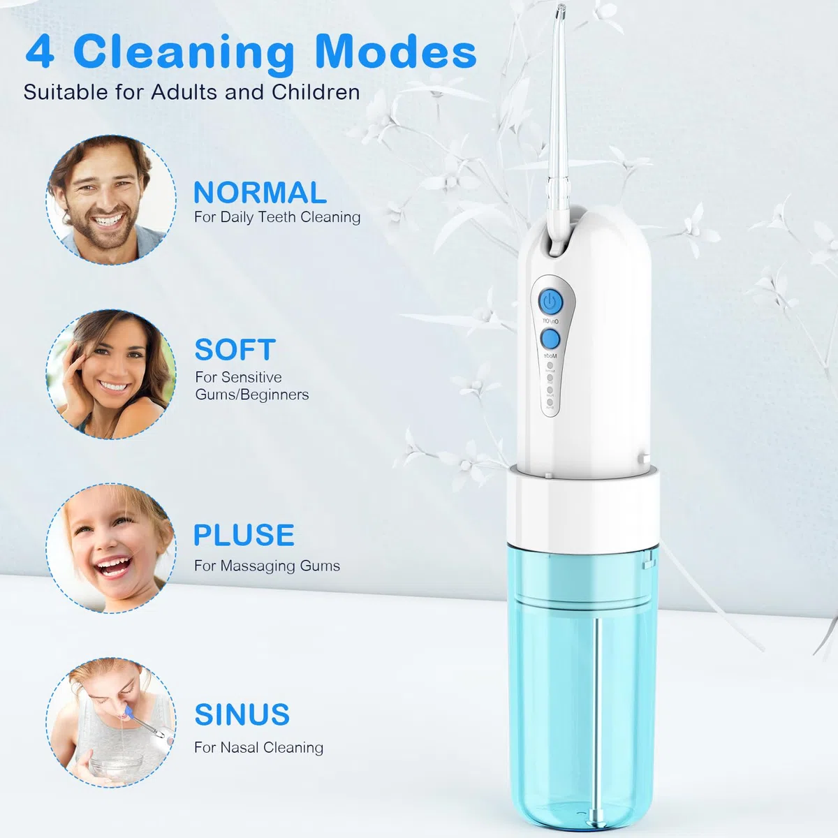 Idropulsore Dentale Senza Fili, Mini Irrigatore Orale Portatile con Custodia, 4 Modalità e 5 Ugelli, Filo Interdentale Elettrico, IPX7 Impermeabile, Adatto per Casa e Viaggi, Blu