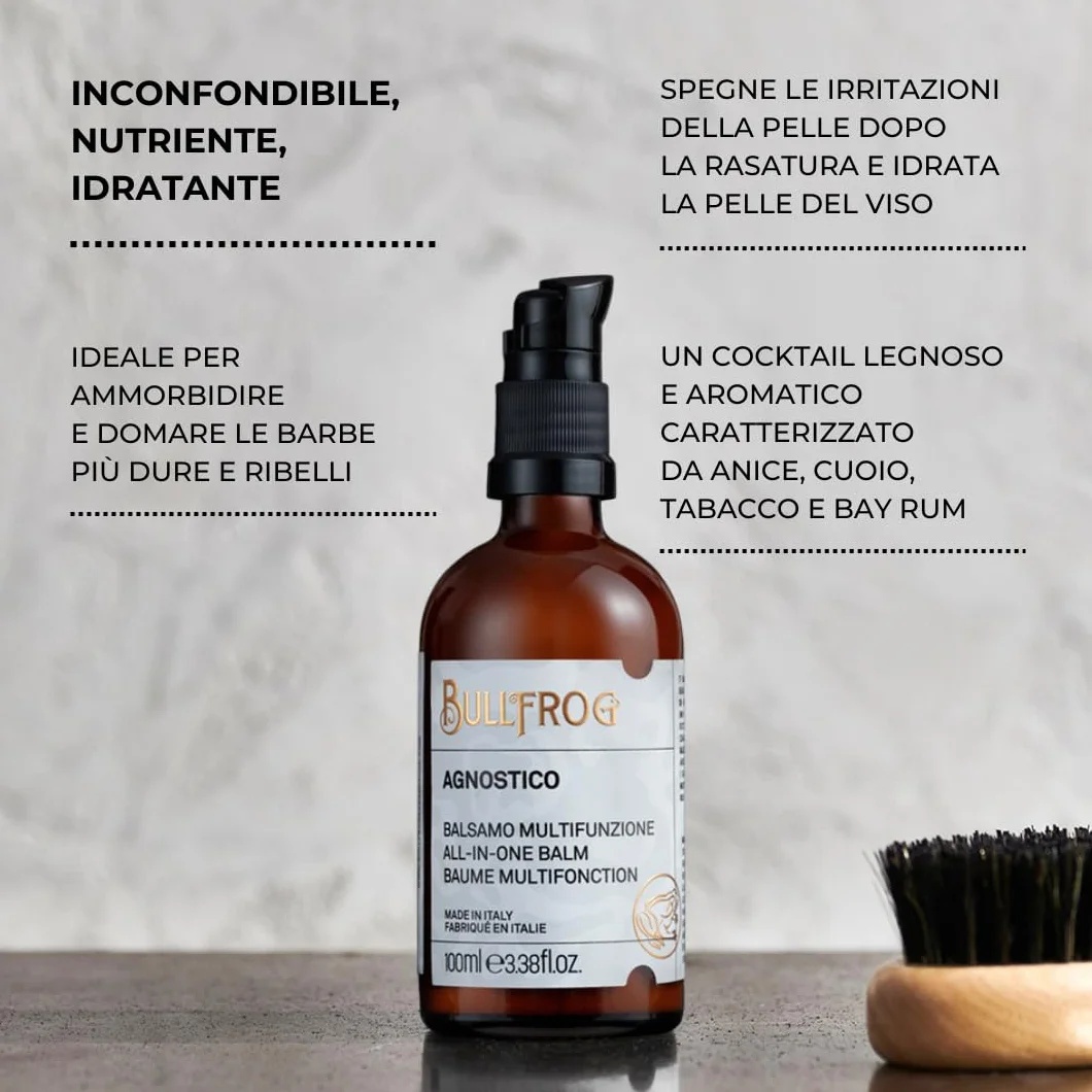 Bullfrog - Agnostico Balsamo Barba Multifunzione, Ideale per Nutrire e Idratare la Barba, Protegge dalle Irritazioni, Fragranza con Note di Anice, Cuoio, Tabacco e Bay Rum, Made in Italy, 100 ml