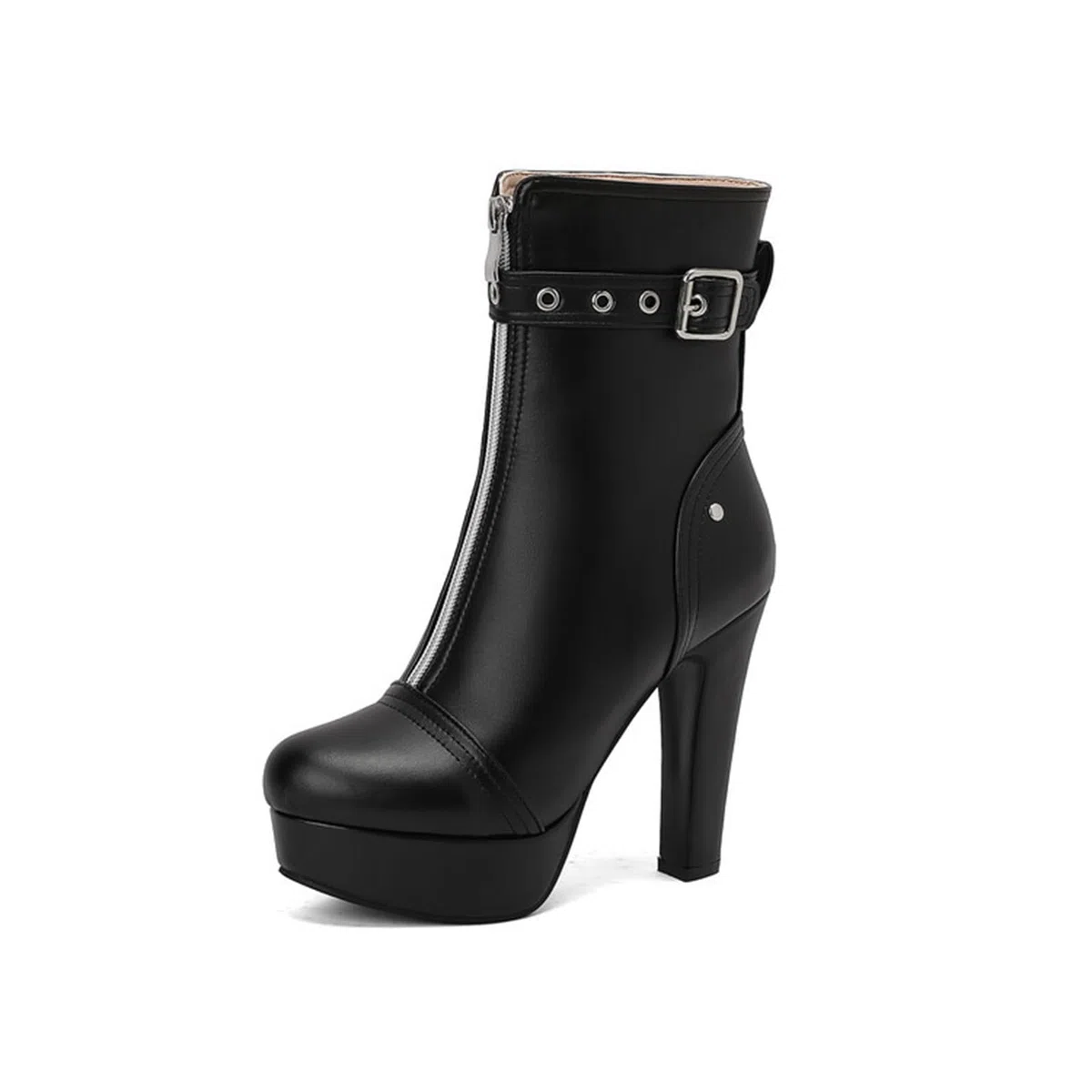 12 CM Tacco a Spessore Sole Ankle Boots Rotondo Toe Cerniera Mid-Tube Cintura Fibbia in Pelle Verniciata Stivali