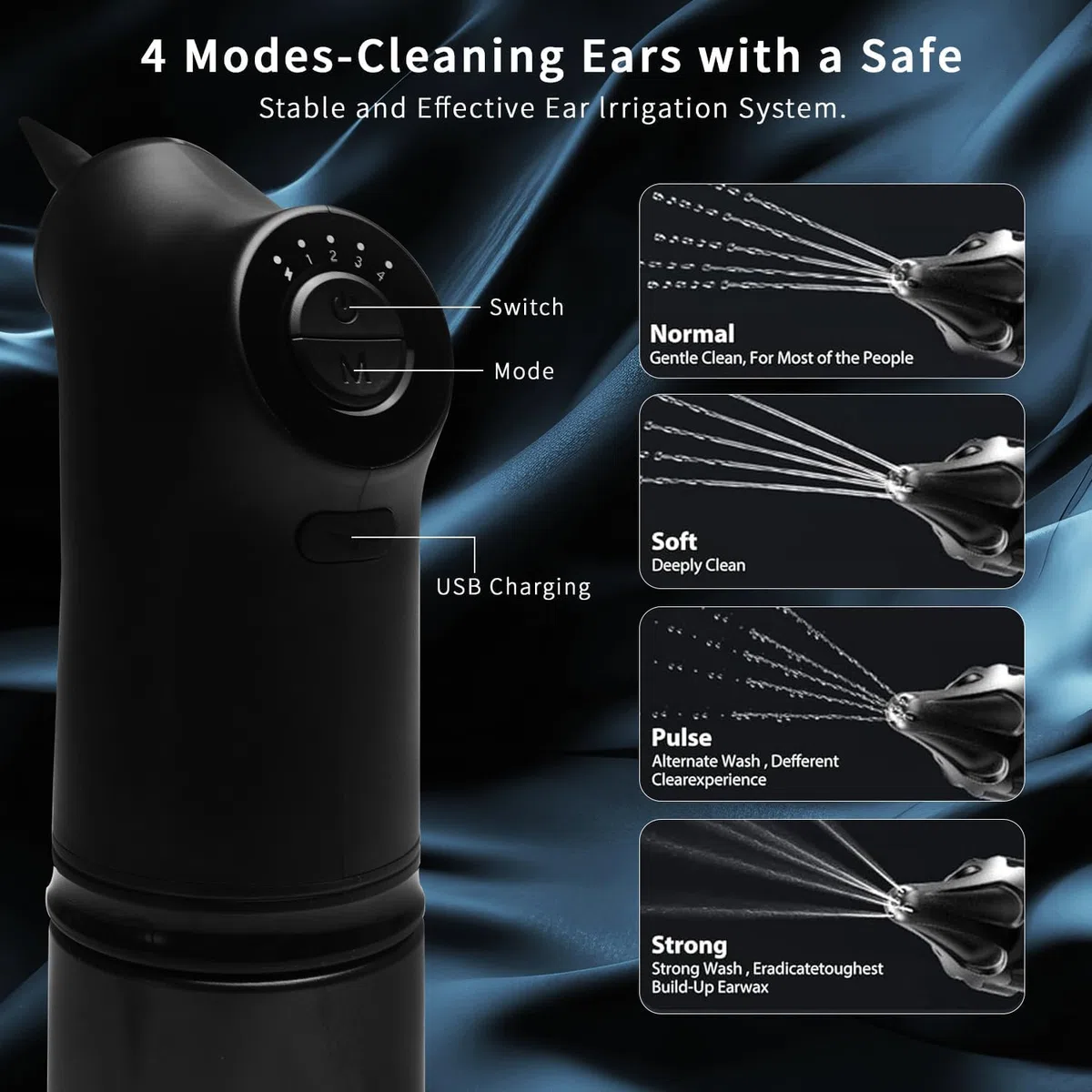 QUMOX Kit di rimozione della cere auricolare elettrico, detergente per le orecchie alimentato ad acqua con 4 impostazioni di pressione, strumento di pulizia dell'orecchio sicuro ed efficace (nero)