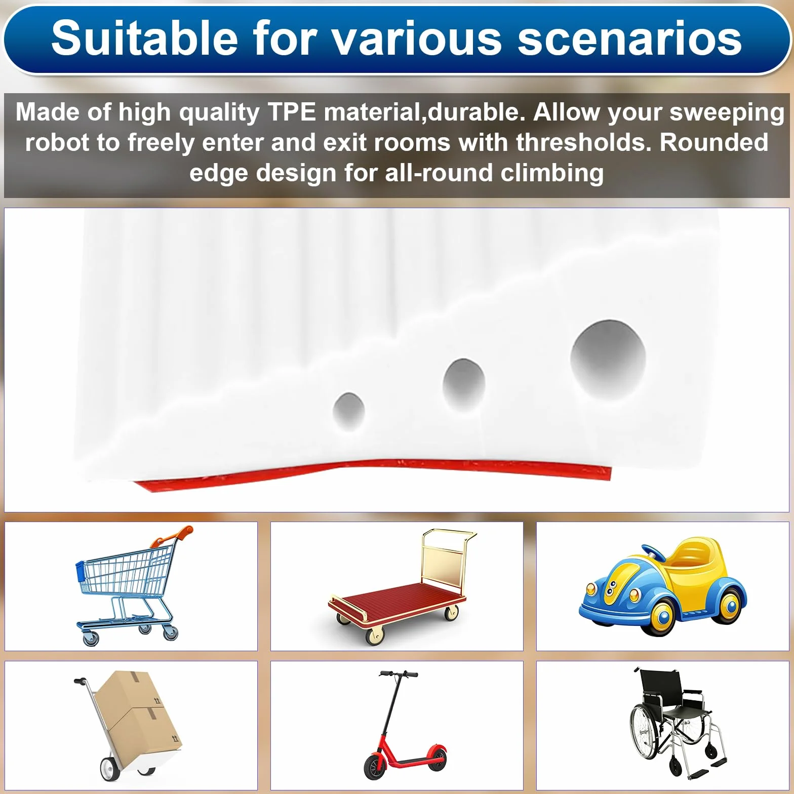 Rampa di Soglia per Porta in TPE, Altezza 2.5 cm, Carico Max 500 kg, Antiscivolo | per Sedie a Rotelle Elettriche, Passeggini, Robot Aspirapolvere, Disabili | Design Resistente (Bianco, 100x6.5x2.5cm)