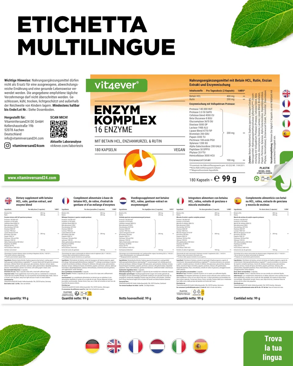 Enzimi Digestivi - 180 Capsule con 16 Enzimi più Betaina HCL, Rutina e radice di Genziana - Con Bromelina, Papaina, Amilasi, Lipasi, Proteasi, Lattasi - Vegano - Altamente Dosato