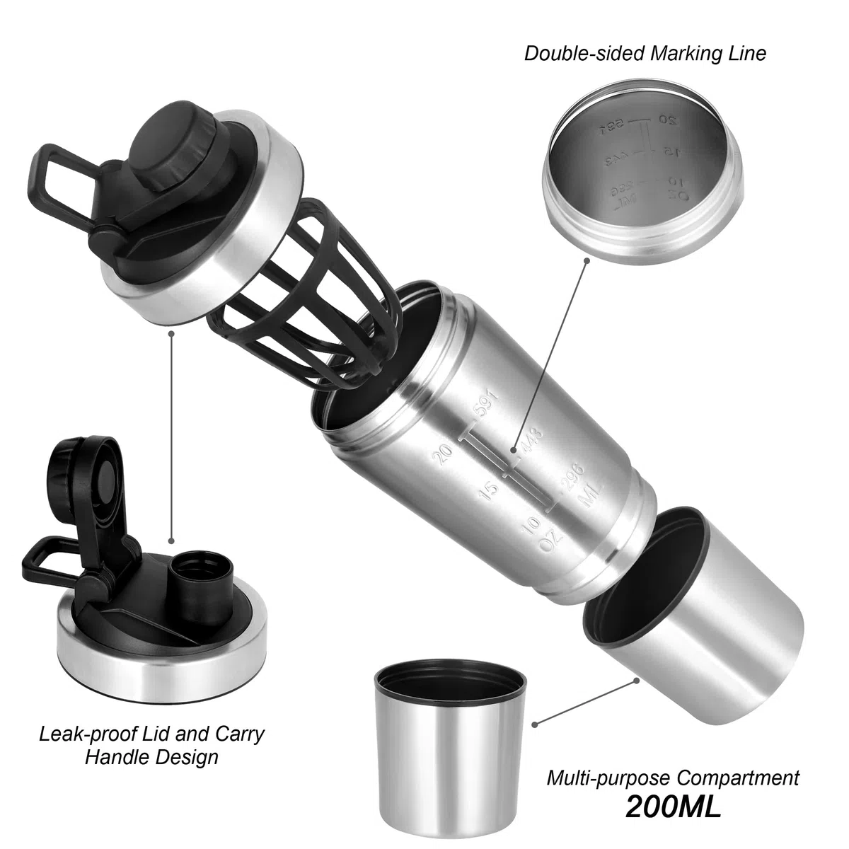 ROCKY&CHAO Shaker proteico in acciaio inox, 700 + 200 ml, con scomparto per polvere, per sport e fitness, albume d'uovo, bottiglia con coperchio a bottone, colore nero