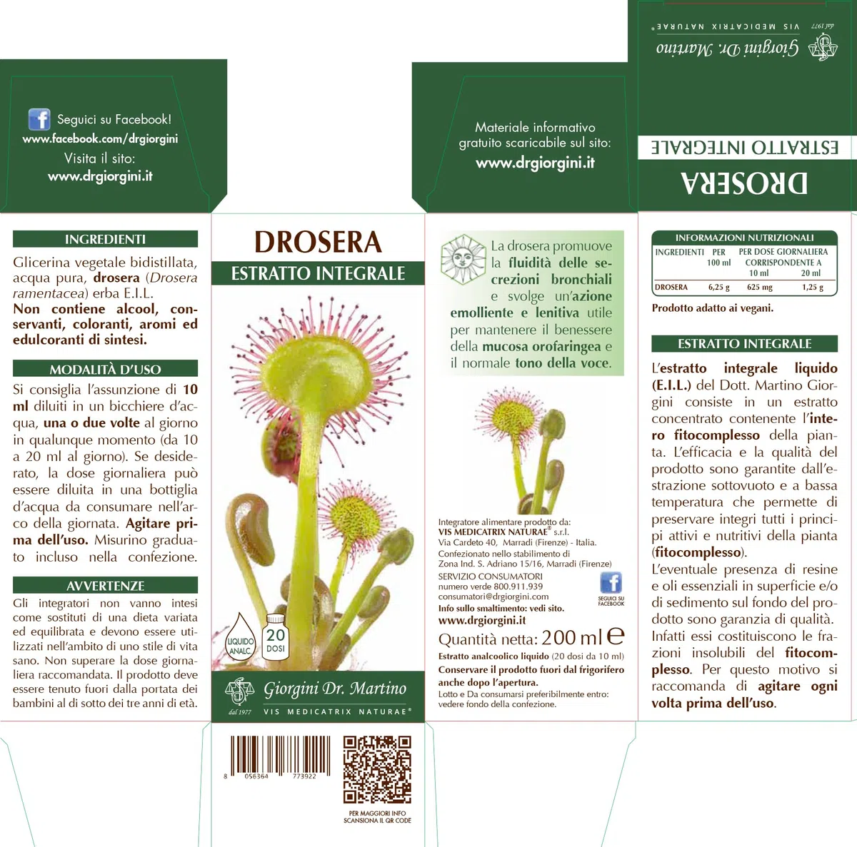 Dr. Giorgini Integratore Alimentare, Drosera Estratto Integrale Liquido Analcoolico - 200 ml