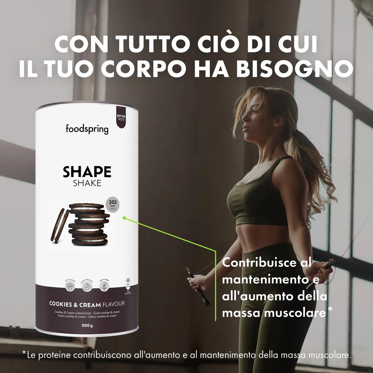 foodspring Shape Shake Cookies & Cream - Sostituto pasto completo per il controllo del peso con proteine di prima qualità, 202 kcal per porzione, senza glutine - nuova formula (900g)