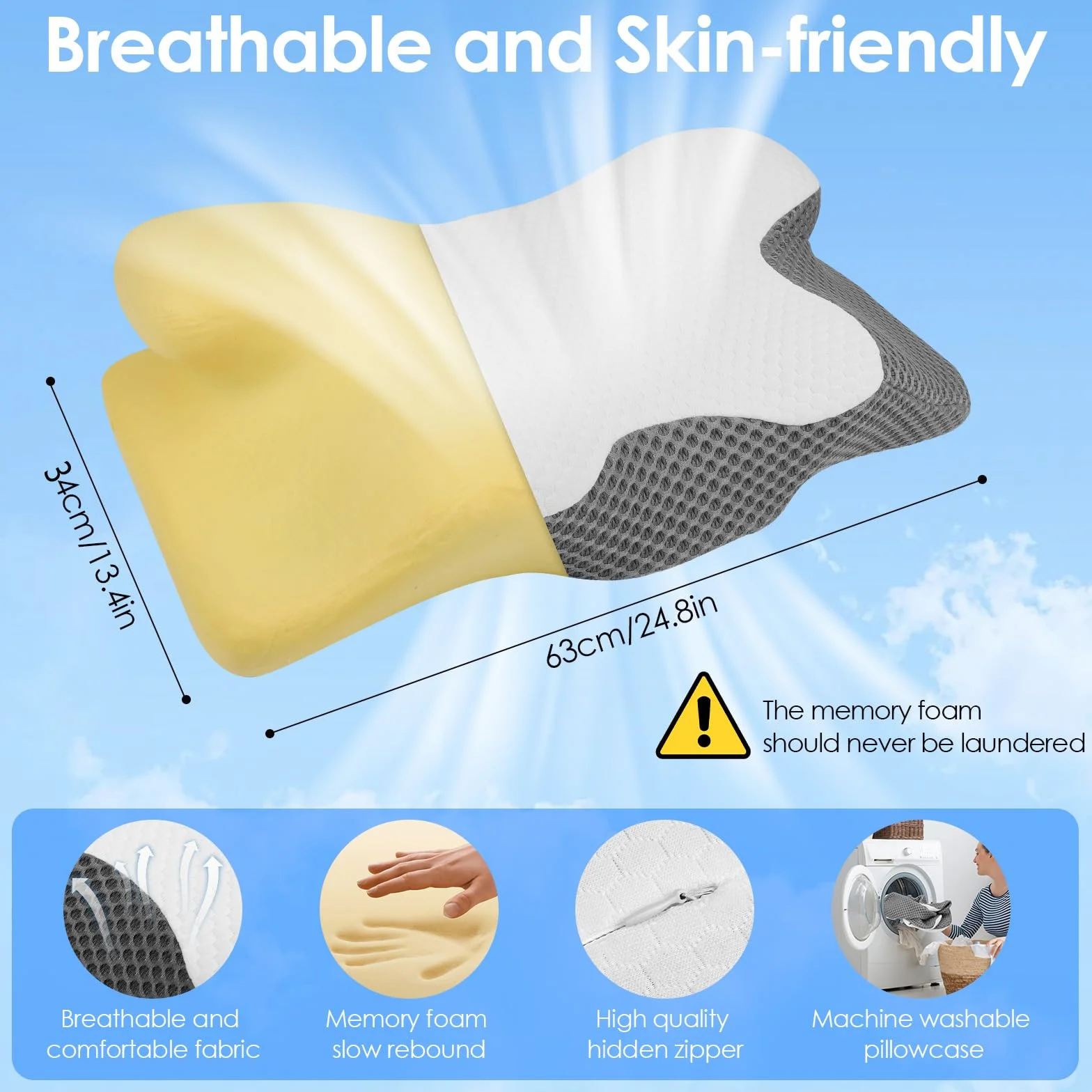 Cuscino Cervicale per Dormire, 2 in 1 Cuscino in Memory Foam per Dolore alla Spalla, Cuscino Ortopedico Ergonomico per chi dorme sul Fianco, Sulla Schiena e Sullo Stomaco-63 x 12/9 x 34 cm