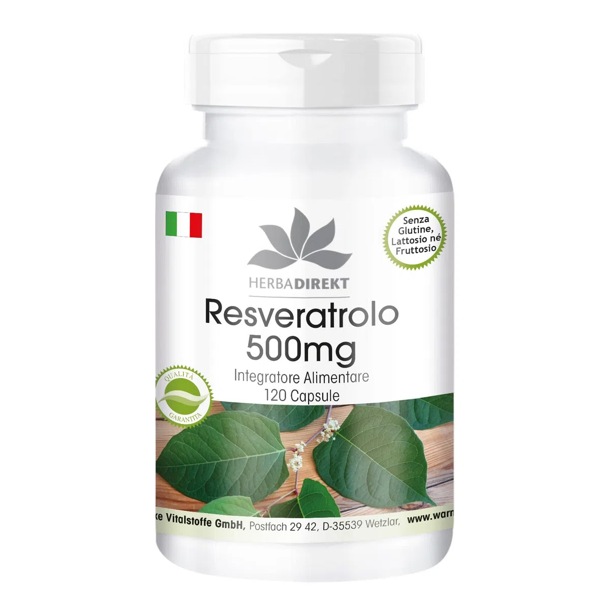 Resveratrolo 100% 500mg - Estratto di Fallopia Japonica - 60 Capsule - Vegan | HERBADIREKT by Warnke Vitalstoffe - Qualità da farmacia tedesca