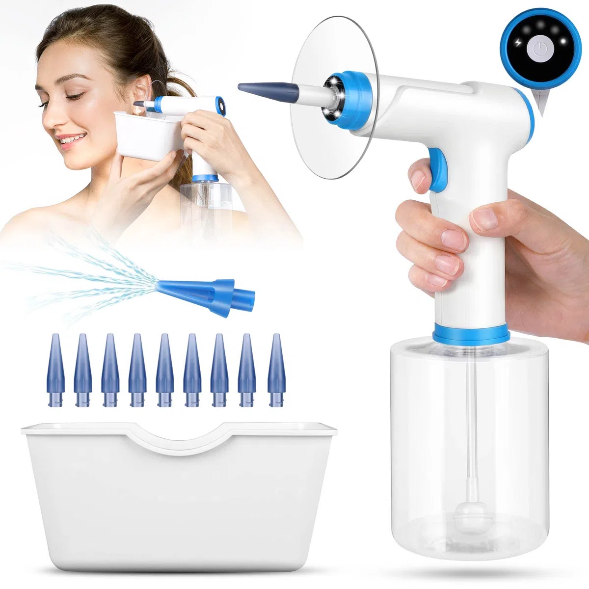 KAUGIC Rimozione elettrica del cerume, detergente per orecchie alimentato ad acqua, kit di pulizia dell'orecchio, kit di rimozione del cerume sicuro ed efficace con 4 impostazioni di modalità di