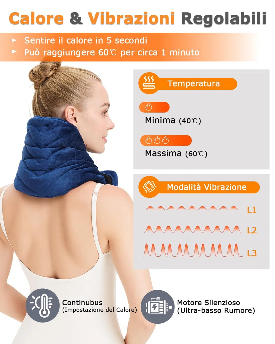 JOBYNA Cuscino Riscaldante senza Fili per Collo, Massaggiatore Portatile 5000 mAh, Termoforo Elettrico Per Sollievo Dal Dolore, 3 Livelli Vibrazione, 40-60 ℃ e Spegnimento Automatico
