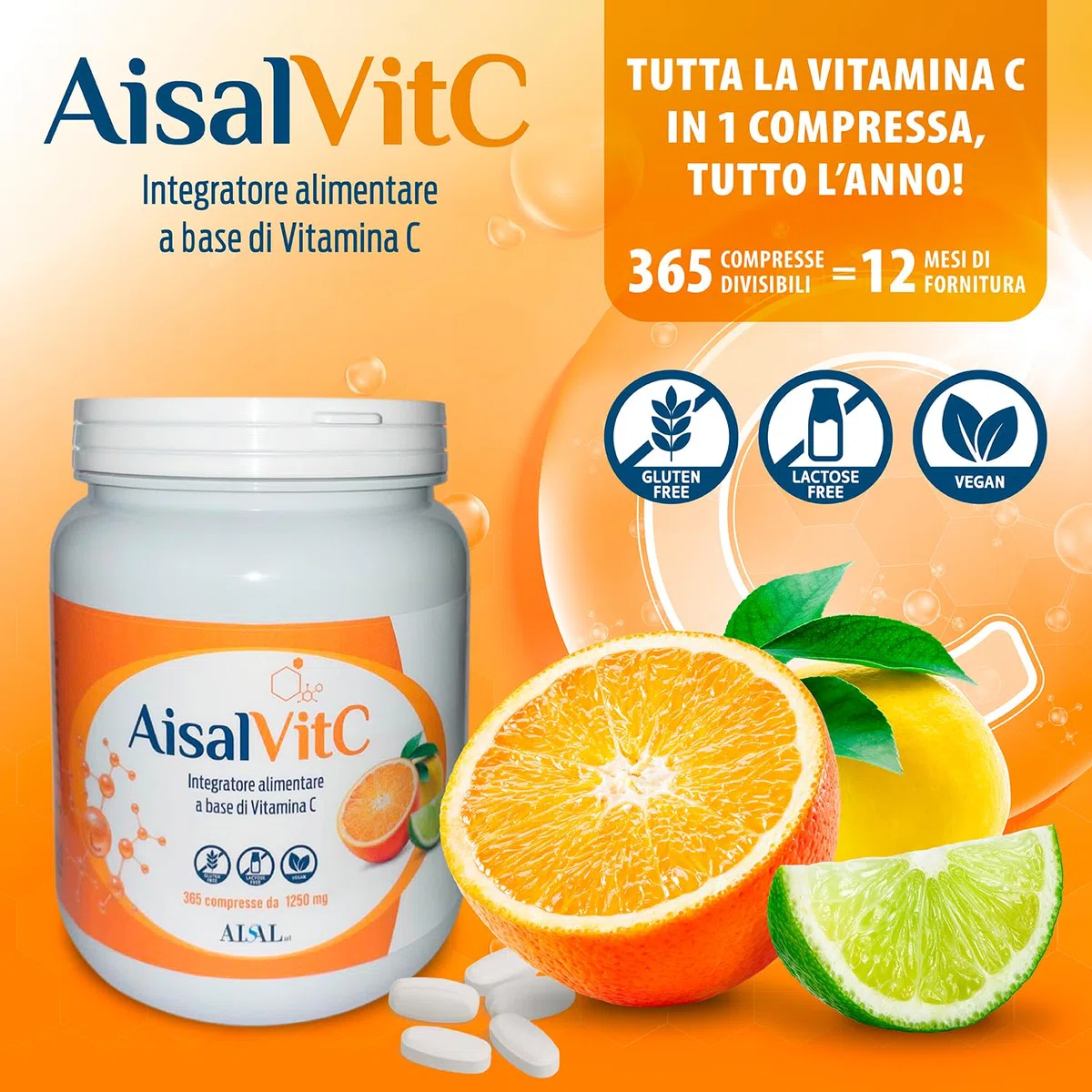AisalVitC Vitamina C 1000mg a compressa, 365 Compresse (12 mesi a 1000mg vit c al giorno) Integratore Difese Immunitarie per adulti, Vit C a lento rilascio senza aggiunta additivi inutili.