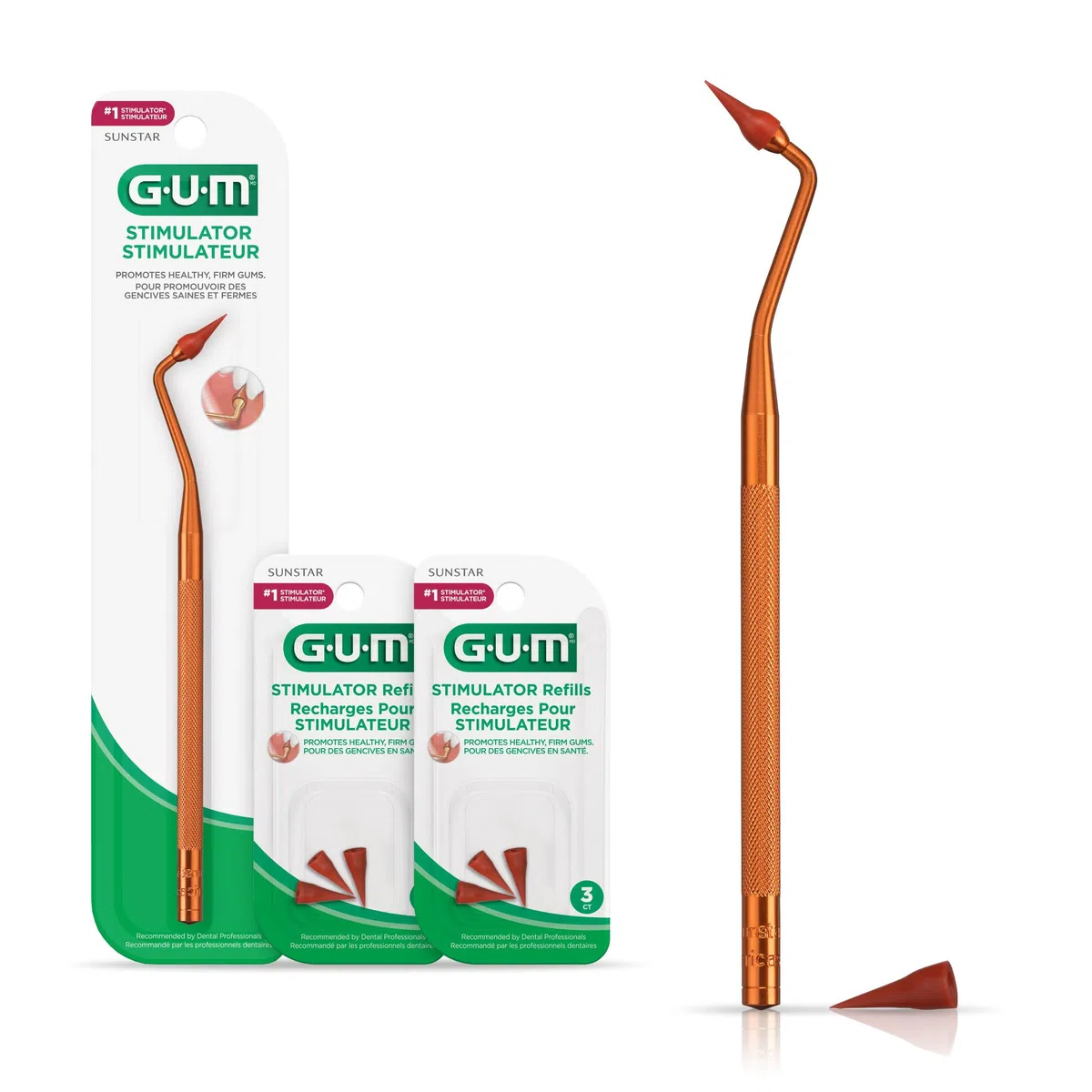 GUM Pacchetto stimolatore, manico permanente con punta in gomma per massaggiare e rinforzare e 2 confezioni di ricarica, (manico + 2 confezioni di ricarica)