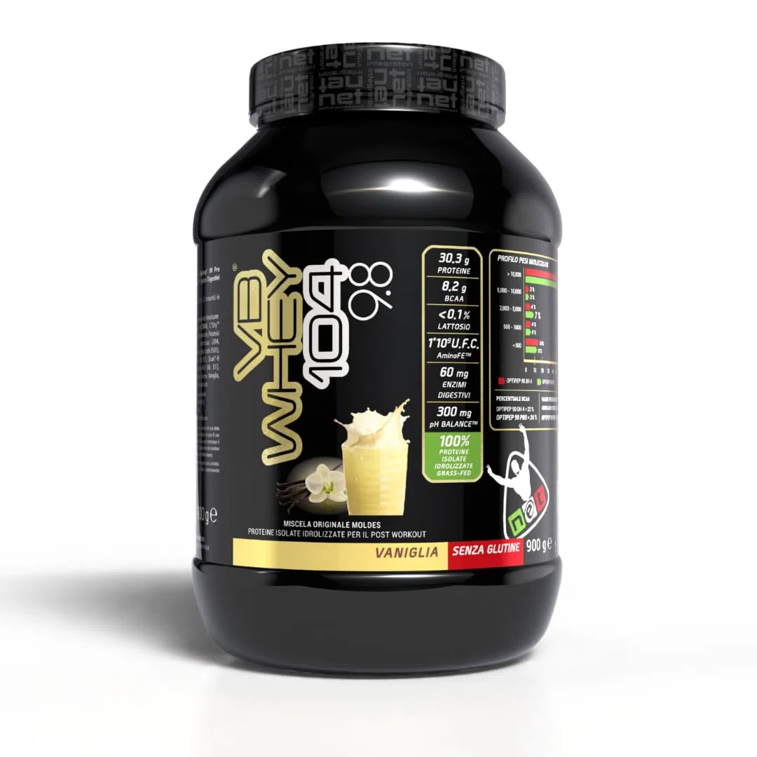 NET Integratori VB WHEY 104 9.8 Optipep - 900g Vaniglia - Proteine Isolate Idrolizzate per via Enzimatica Con EAA e BCAA - Massimizza Sintesi Proteica, Crescita e Mantenimento Muscolare