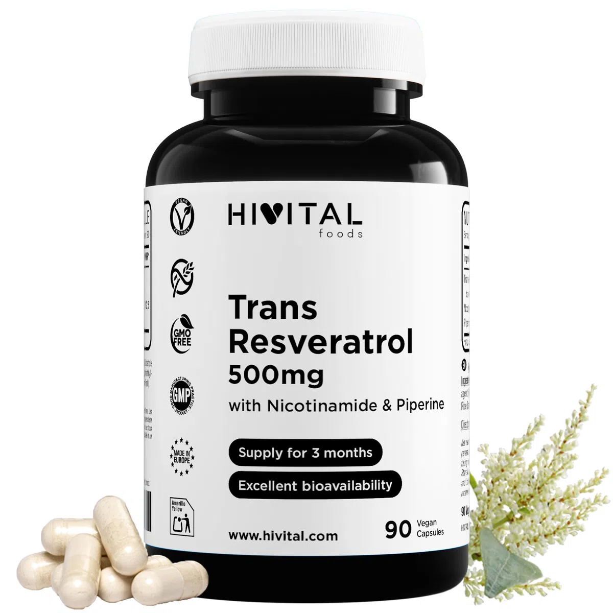 Trans-Resveratrolo 500 mg. 90 capsule vegane per 3 mesi di trattamento. Con Nicotinamide e Piperina. Estratto Naturale di Fallopia Japonica 98% Resveratrolo Naturale Puro. Da Hivital