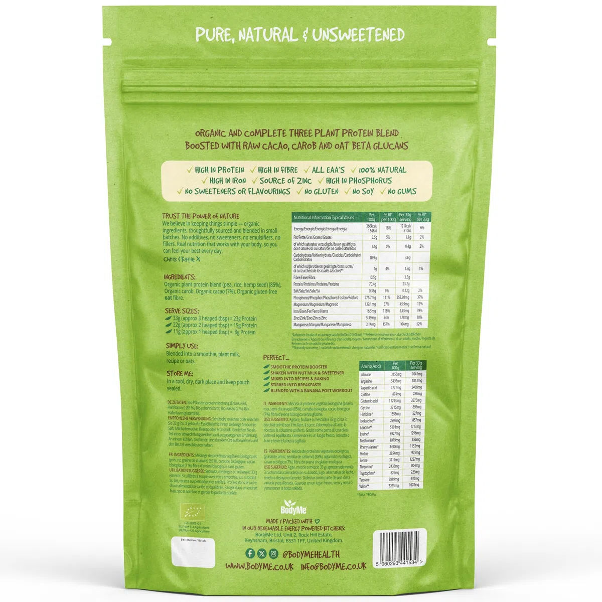BodyMe Bio Miscela Di Proteine Vegane Bio In Polvere | Crudo Cacao Cocco | 1kg | Senza Zucchero Carbo Basso | Senza Glutine | 21g Vegan Protein Complete | 3 Proteine Vegetali | Amminoacidi Essenziali
