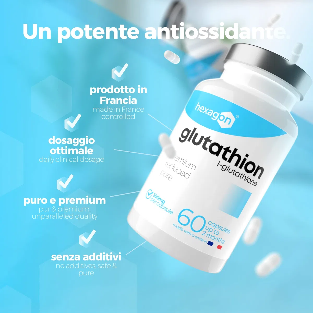 Glutatione 300mg - Cura di 2 Mesi - Forte, Ridotto & Attivo - L-Glutatione, Purifica la Pelle - Antiossidante e Disintossicante - 60 Capsule Vegetali - Vegan - Made in France - Hexagon