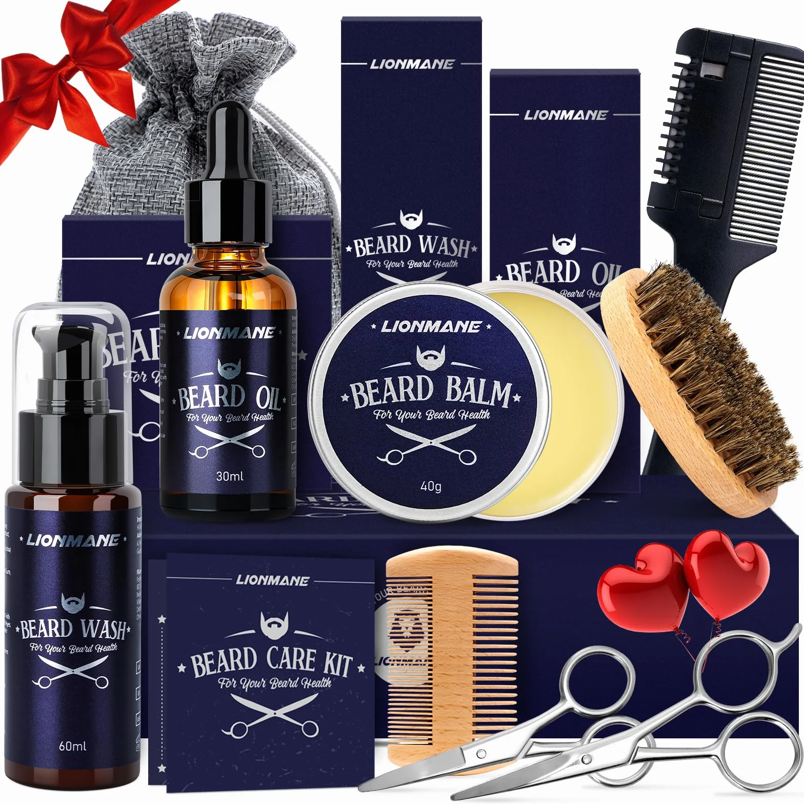 Kit Barba per Uomo, Regalo per la Festa del Papà, Lionmane Cura Barba, Set Regalo Cura della Barba Uomo, Olio, Shampoo, Balsamo, Pettine, Spazzola, Pettine Rasoio Capelli, Forbici, Sacca, Regalo Papà