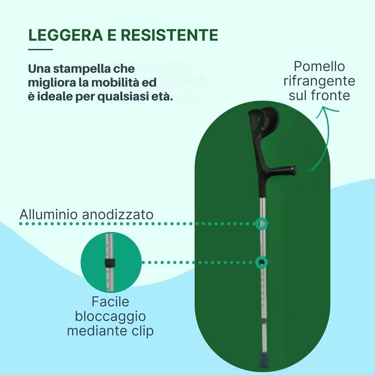 1 Stampella Ortopedica Singola Regolabile in Alluminio Anodizzato, 1 Stampella Canadese Adulto Antiscivolo, H. 74-97 cm, 1 Unità (Nero)