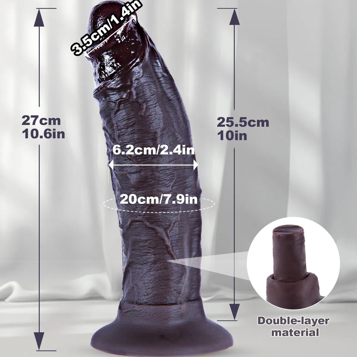 Dildo gigante extra spesso in silicone a doppia densità con ventosa da 6,2 cm di diametro, enorme dildo realistico nero da 27 cm, dildo extra large per uso vaginale e anale, per utenti esperti