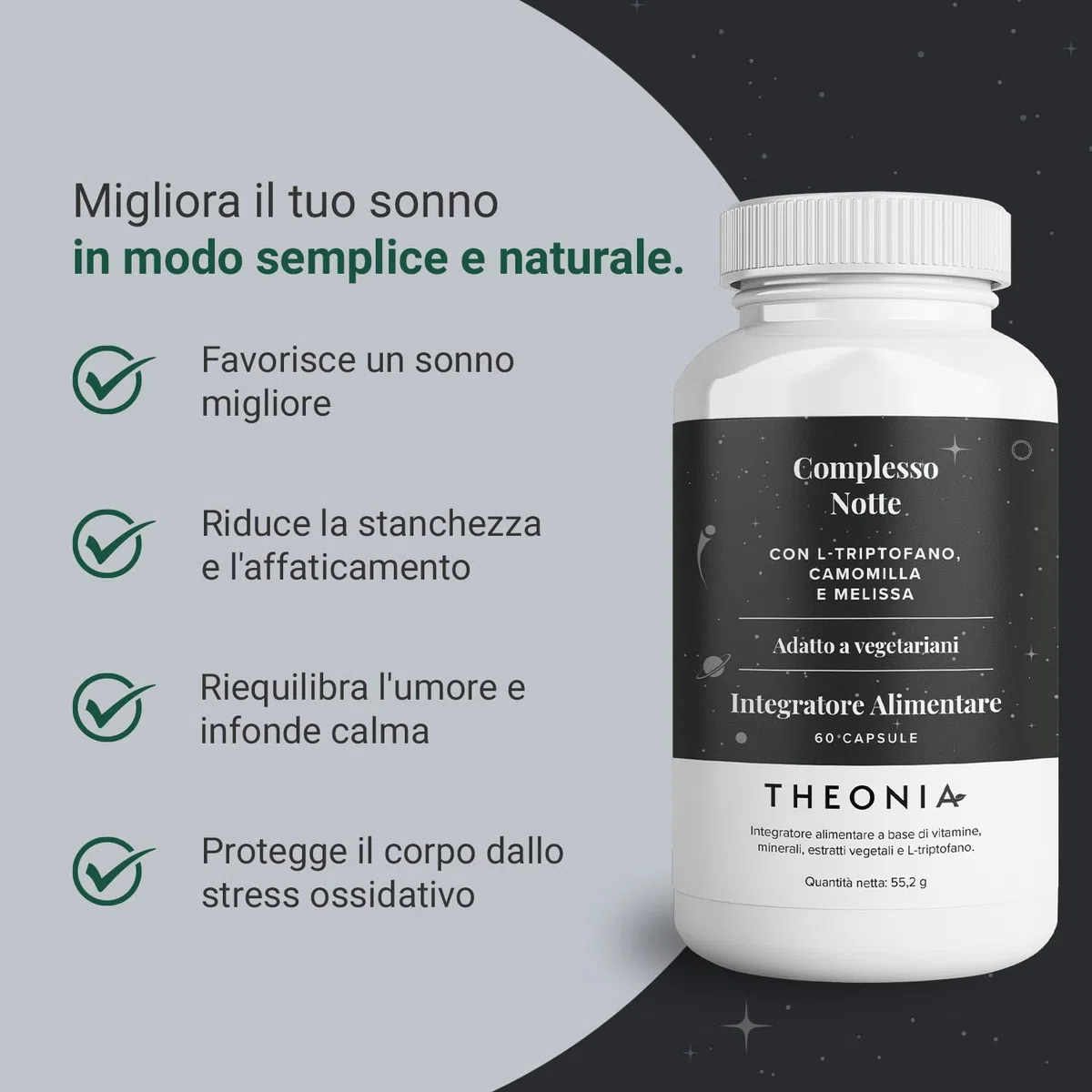 Theonia complesso notte con 100mg di L-triptofano, camomilla e melissa, integratore naturale per il sonno e il relax - 60 capsule, non OGM, vegetariano