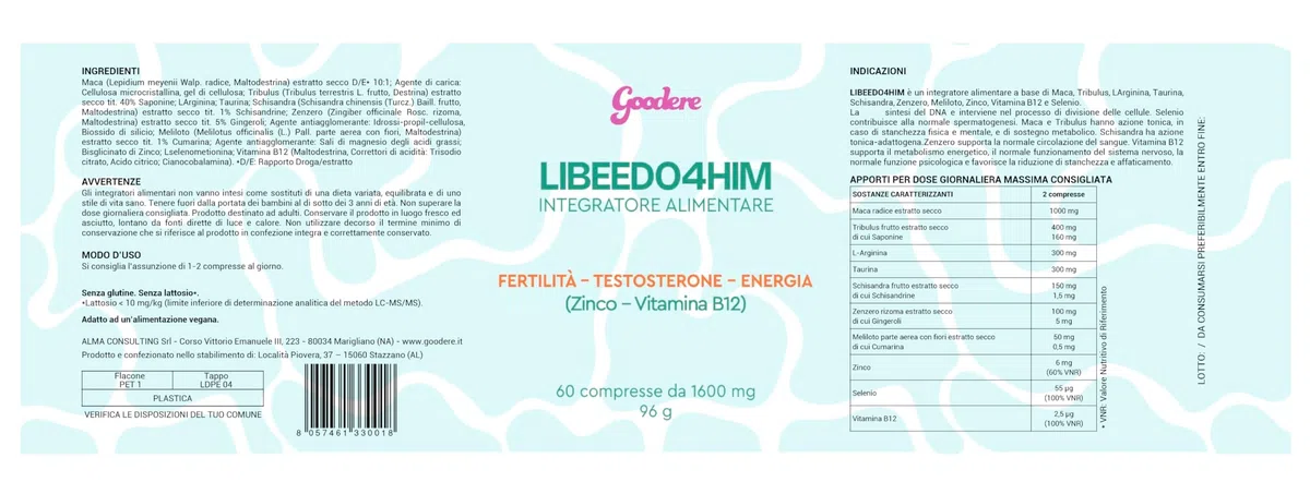 LIBEEDO4HIM - Integratori Per Uomo Con Maca Peruviana, Tribulus E Arginina – Supporto Energetico, Benessere Maschile – 60 Compresse