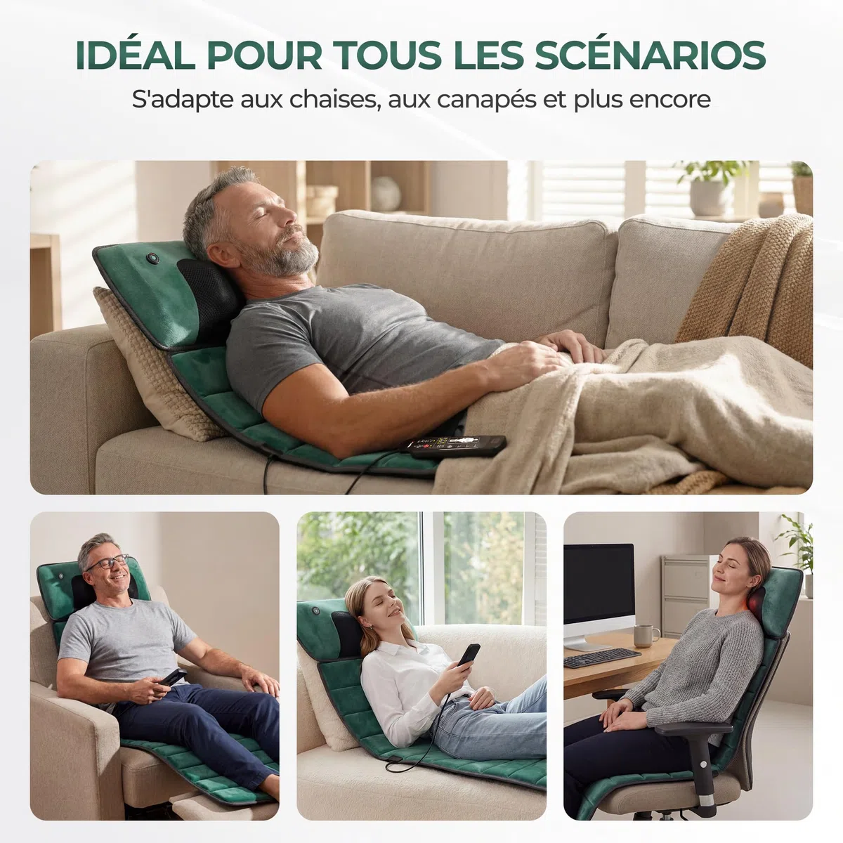 Tappetino massaggiante per tutto il corpo con massaggio Shiatsu e calore | Tappetino massaggiante con 10 motori di vibrazione per schiena e gambe, tappetino relax elettrico per casa e ufficio, verde