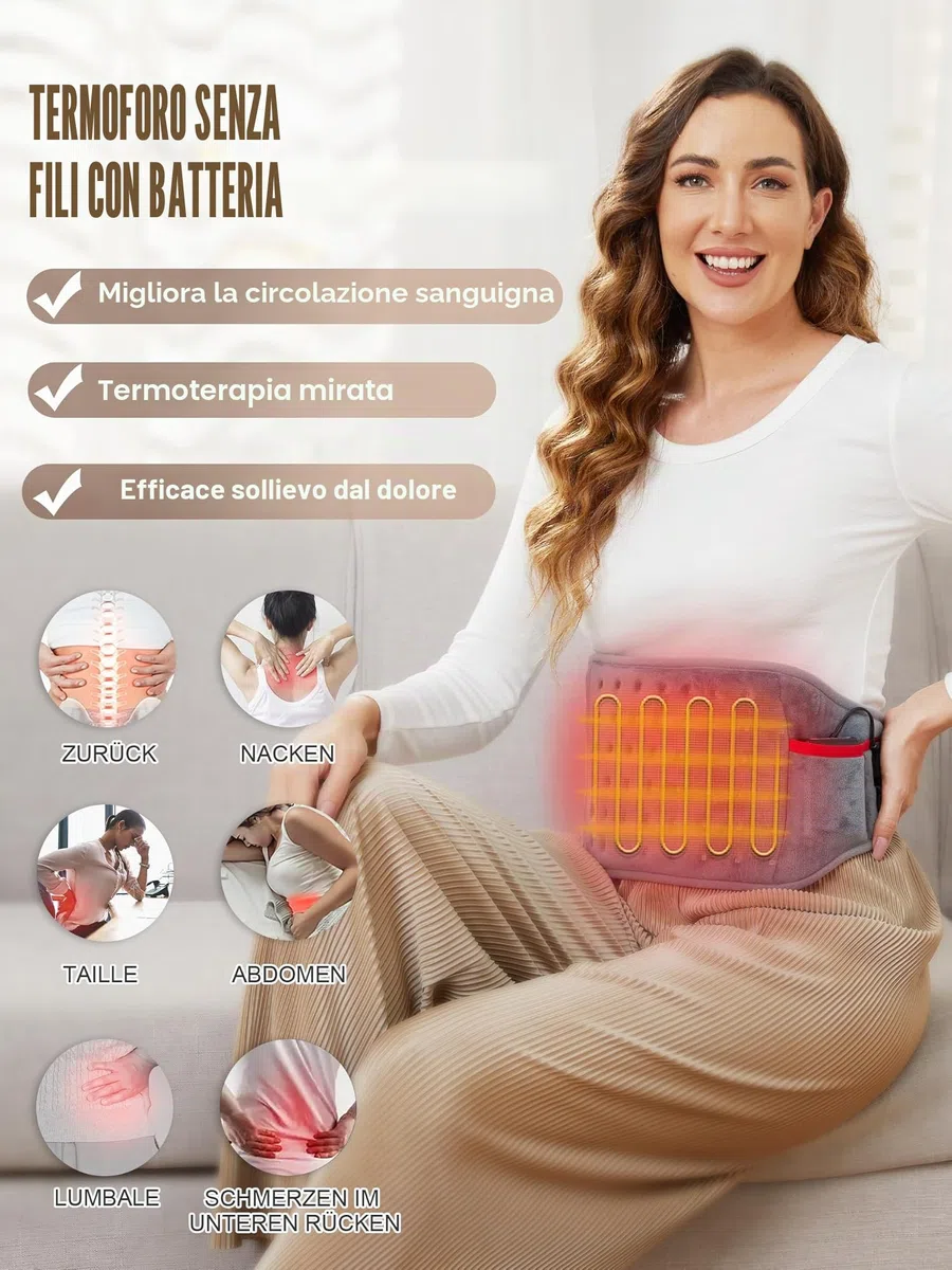 Termoforo, Fascia Lombare Riscaldante con 10000mAh Batteria 3 Livelli di Temperatura, Termoforo Elettrico Allevia il Dolore Corporeo per Schiena, Cervicale, Addome