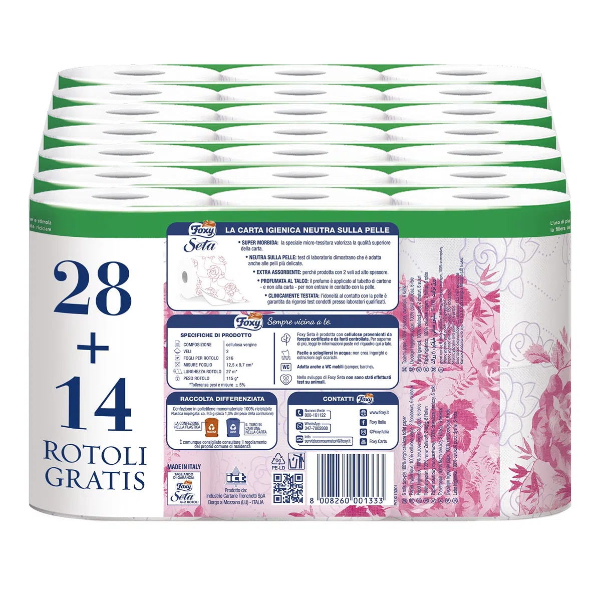 Foxy Seta | Carta igienica neutra sulla pelle | 28+14 rotoli, 28 + 14 Gratis| 216 strappi per rotolo | 2 veli elevato spessore | Carta 100% certificata FSC | Confezione 100% riciclabile Bianco