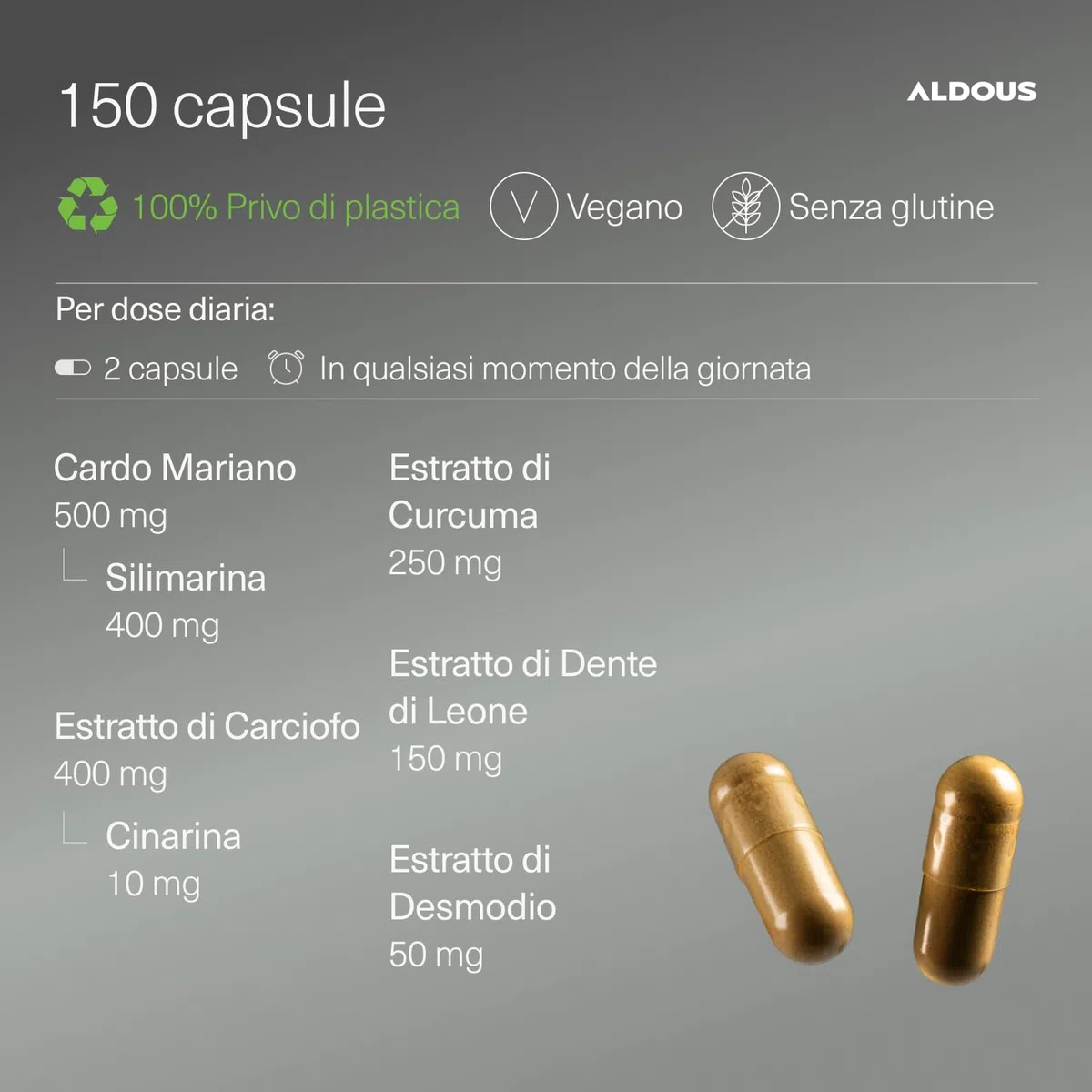 Cardo Mariano Tarassaco e Carciofo con Curcuma e Desmodio - 150 Capsule - 80% di Silimarina - Integratore Detox Fegato e Intestino - Depurativo Fegato - Gonfiore addominale - Cardo Mariano Fegato