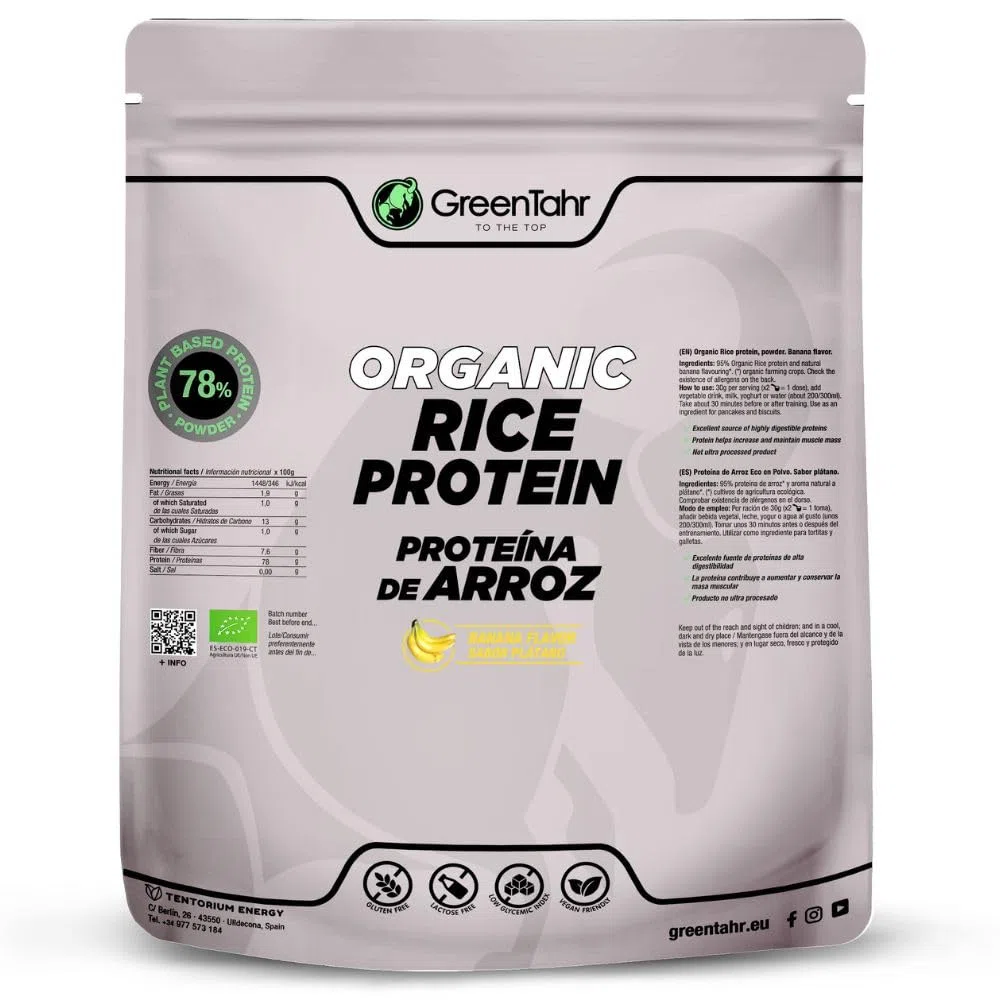 Green Tahr Proteine di Riso in Polvere Vegane Bio Gusto Banana 750g. 78% Proteine Vegetali per Massa Muscolare, Senza Zucchero, Edulcoranti, Lattosio né Glutine