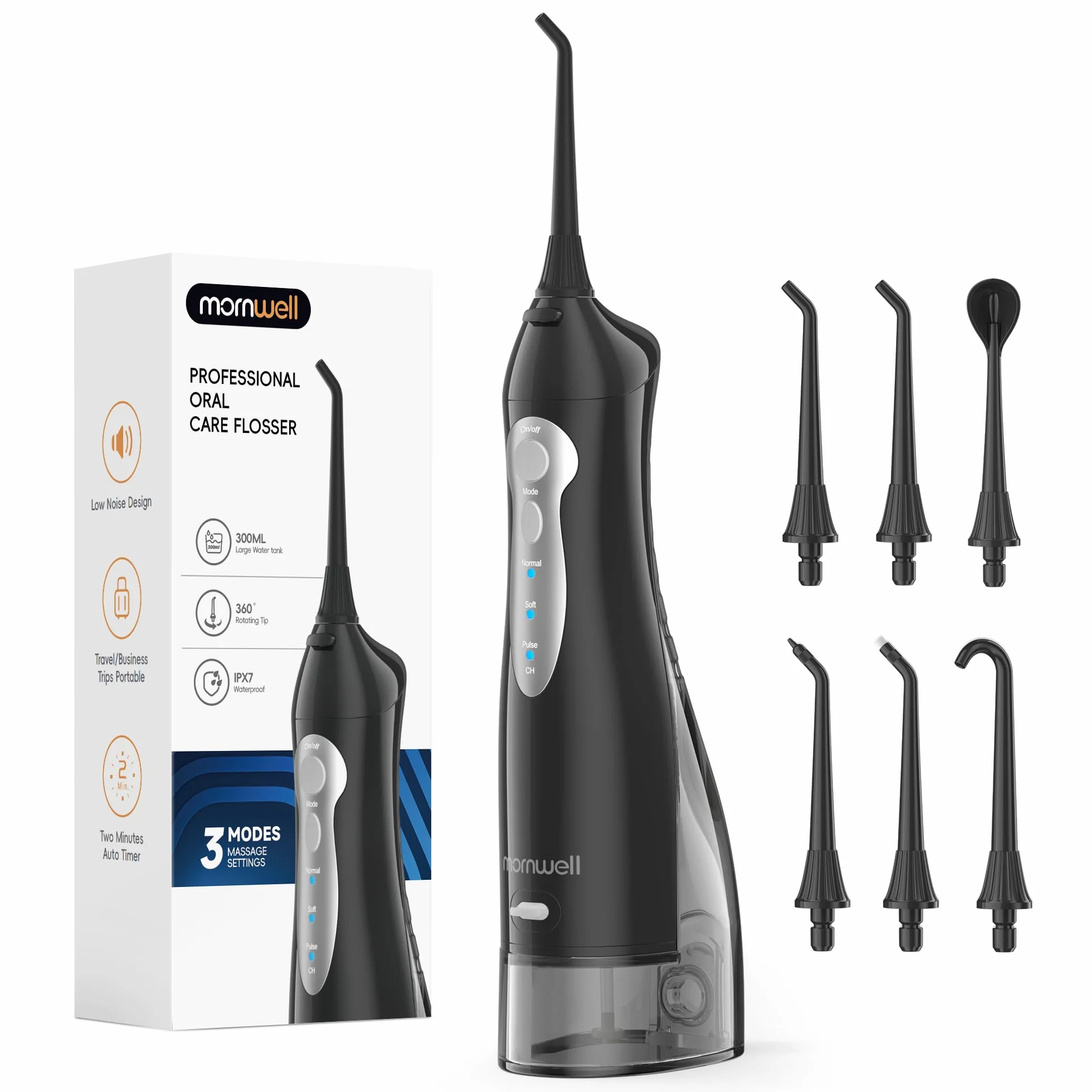 Mornwell Irrigatore orale senza fili per denti portatile orale pulitore elettrico 300 ML 3 modalità 4 punte jet pulizia profonda aiuta con USB (Nero)
